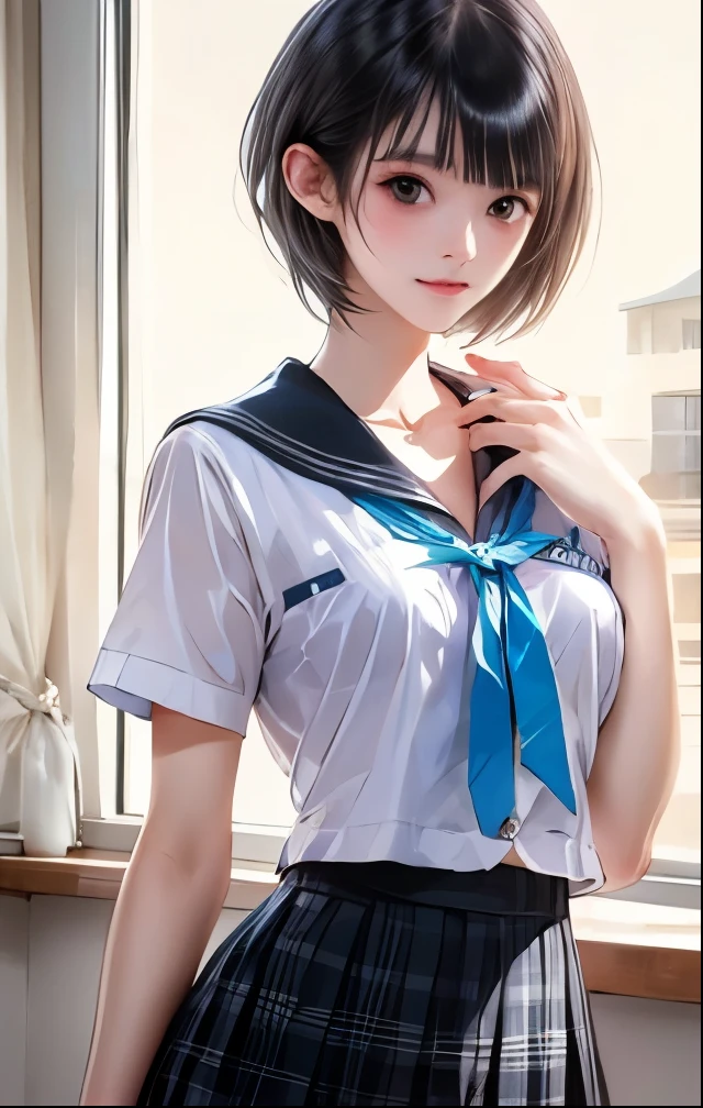(((SFW、Highest quality、 first class masterpiece 、normal body 、32k、detailed face、super precise、normal hand、5 fingers、Highest)))、hinako-shirai、Shirai Hinako、Beautiful Girl、black hair、bob cut、slender、 slim、beautiful breasts、Summer school uniform、ultra-thin sailor suit、super mini skirt、high school girl、 See-through Uniform、see-through underwear、Overall view
