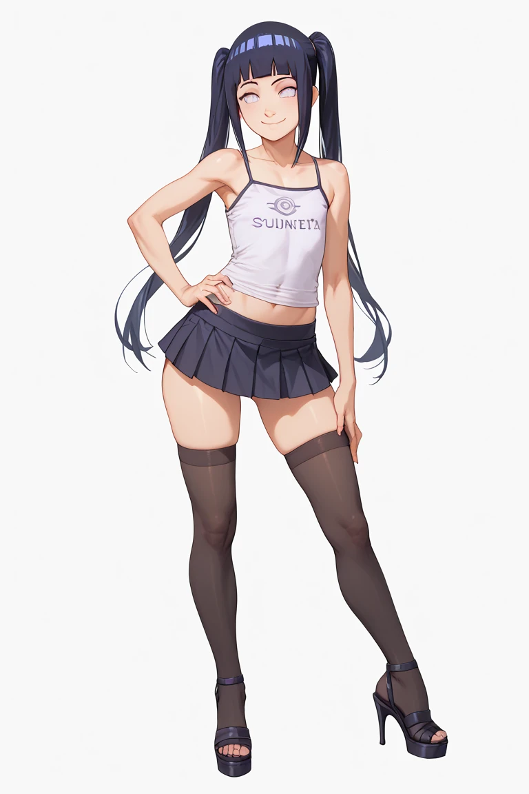 High tail hairstyle, Ponytail hairstyle, Long wavy black hair, standing posing, anime girl style, pixel art anime style,penetrating look with deep eyes,red and purple eyes, hair with a ponytail hairstyle trapped with a big red bun, women, red hair clips, x color shaped hair clips , smiling face blush, next to his bed, Skirt, tank top, Black hair, big thighs, NSFW, Skirt fluttering in the wind, perfect panty, look down, camera looking from bottom to top, viento levantando su Skirt haciendo que se le vea el panty