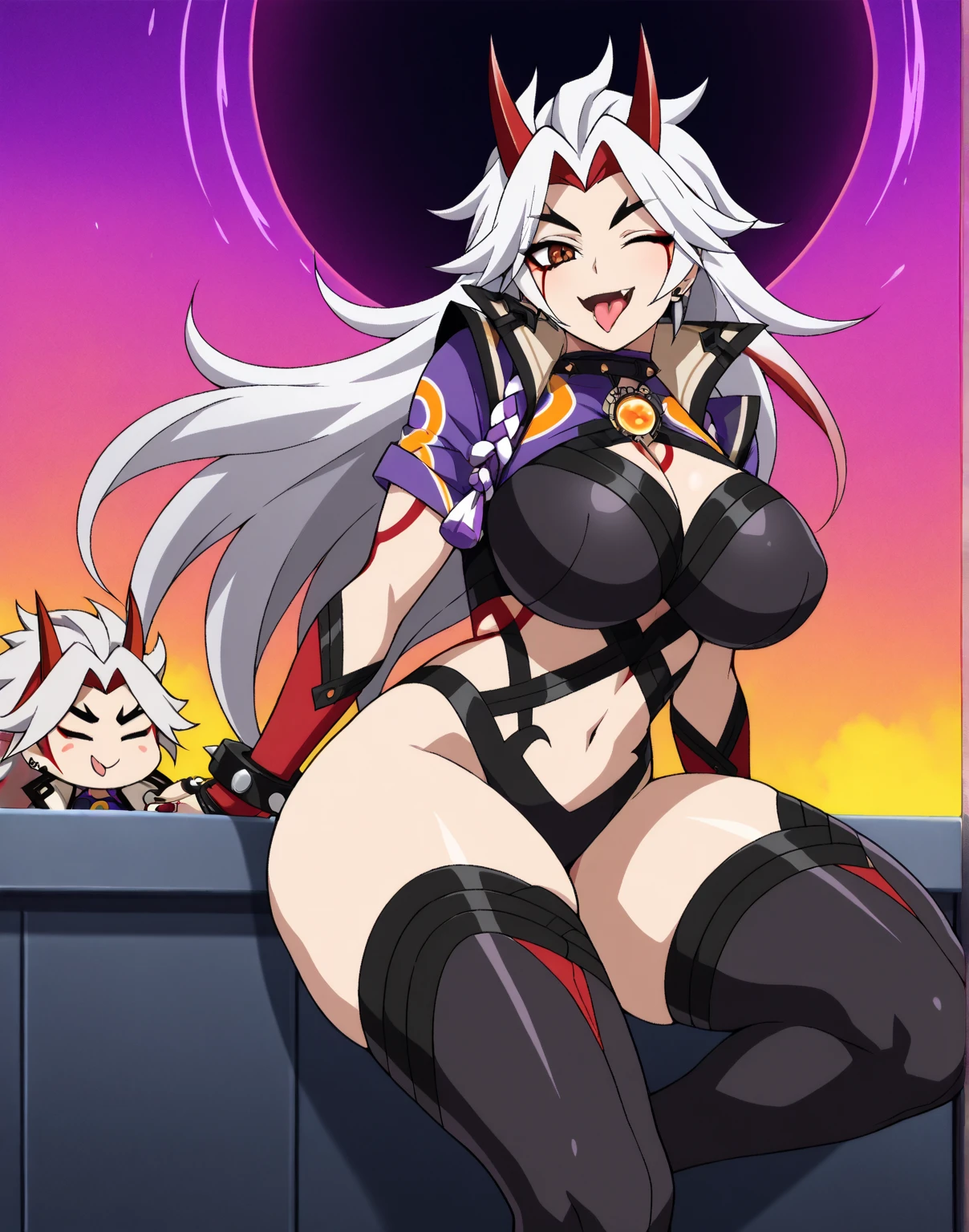 Best quality, masterpiece, beautiful mature hospital nurse, sexy, seductive, sexy nurse silver micro bikini, cleavage, , butt, thigh high socks,, pink eyes, demon horns, horns,((big breasts)),