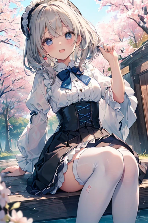 (masterpiece:1.05)、(top-quality:1.05)、1girl in、beautiful and detailed face, Detailed eyes, Cute gray hair loli, Pink skirt、Lolita and white sailor suit,(((lift up one's skirt)))、White knee socks, (((panties on)))、lace trimmed_pantiy、Wet panties、Cat's ears,beautifull hands、Good Hand、((Detailed panties))、Shy smile,