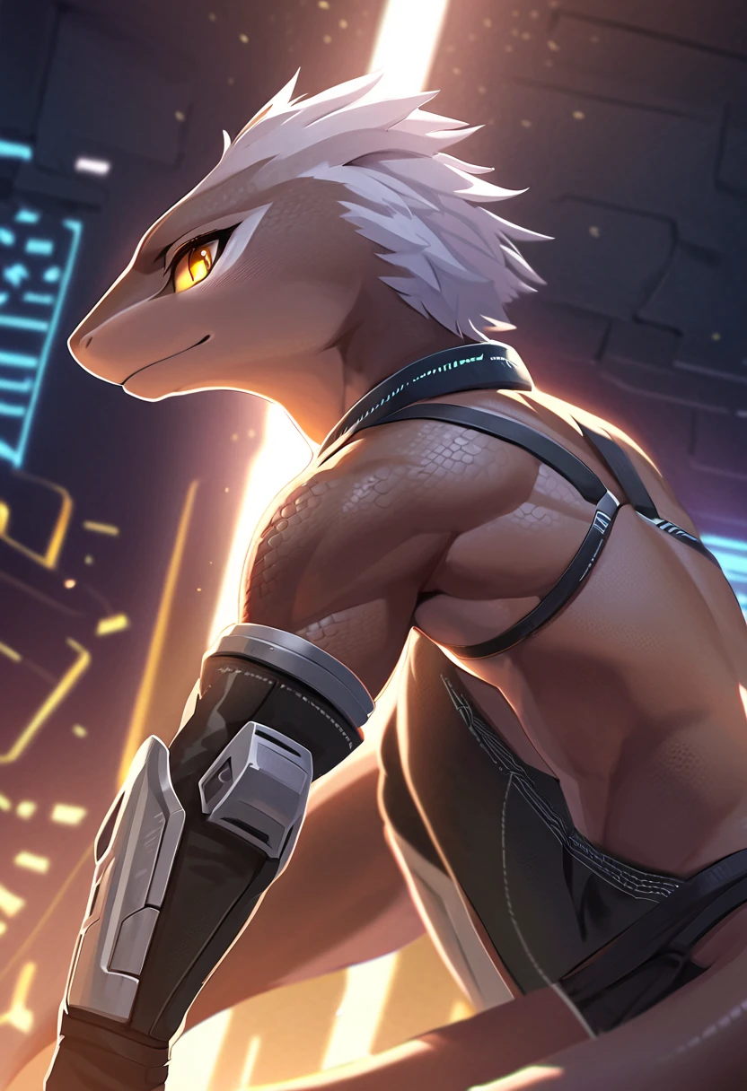 Protogen, (white fur with some green strands of fur) , city, happy, male, 8 foot 0, standing, looking at viewer, muscular, (big ass), back view, ass bursting out of green underwear, green glowing balls, bending over, white ass, cock, cum, macro, NSFW