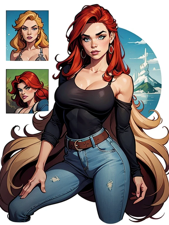 Beautiful portrait mode pose Cartoon character character in dynamic pose two women together redhead Queen Anna of Arendelle redhead with 1,60cm on the left and along with a symmetrical body with corset and beautiful breasts, corpo bem definido, delicado e sensual, estilo de desenho animado, digital illustration Portrait mode 35 year old woman, very long blonde hair down to the waist and half curly with bangs, seios pequenos, olhos grandes com um brilho apaixonado, olhos verdes mel, Um lindo sorriso, wearing a long black t-shirt with a green feminine suit and jeans, in a serious and sweet comic-style pose, alta qualidade