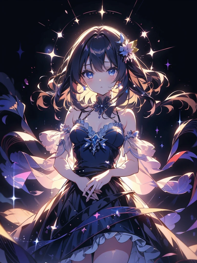 1boy, black hair, beautiful boy, yellow eyes, idol costume, dark blue dress