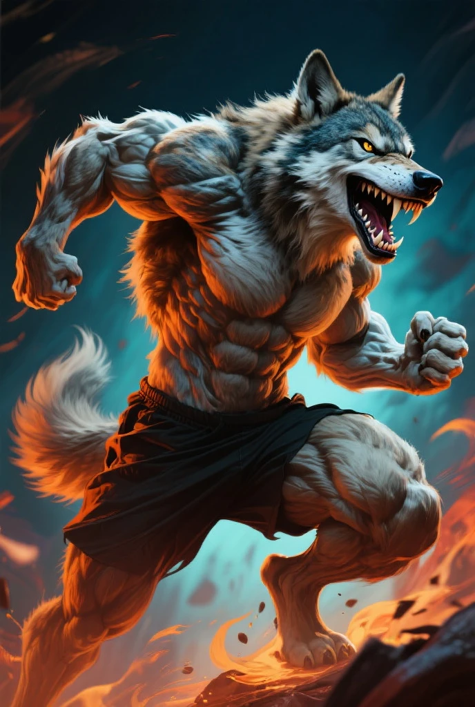 male gray wolf, muscular, licking it's paws covered in blood, looking menacingly at camera with orange eyes, fire on background