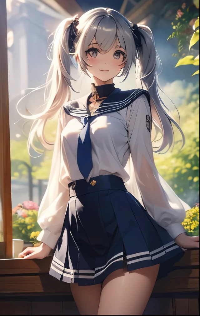 (((SFW、Highest quality、 first class masterpiece 、normal body 、32k、detailed face、super precise、normal hand、5 fingers、Highest)))、ceria、Celia Claire、Beautiful Girl、 Silver Hair、twin tails、slender、 slim、beautiful breasts、Summer school uniform、ultra-thin sailor suit、super mini skirt、high school girl、 See-through Uniform、see-through underwear、shy smile、Overall view