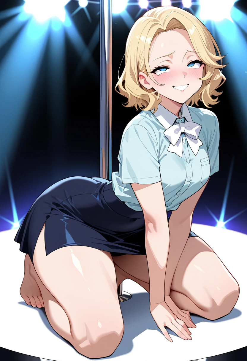 1boy solo, femininte and girly, trap, twink, white thighhigh, leaning forward, indoors, background, blush, long blonde hair, anus, detailed and very small feminine penis, presenting big butt, blue ribbon, innocent and cute boy, the boy is about , detailed and tight anus, (motion lines), (shaking ass), on stage, idol concert, idol outfit, (idol concert), on stage, audience, (dancing), (smug), confident,