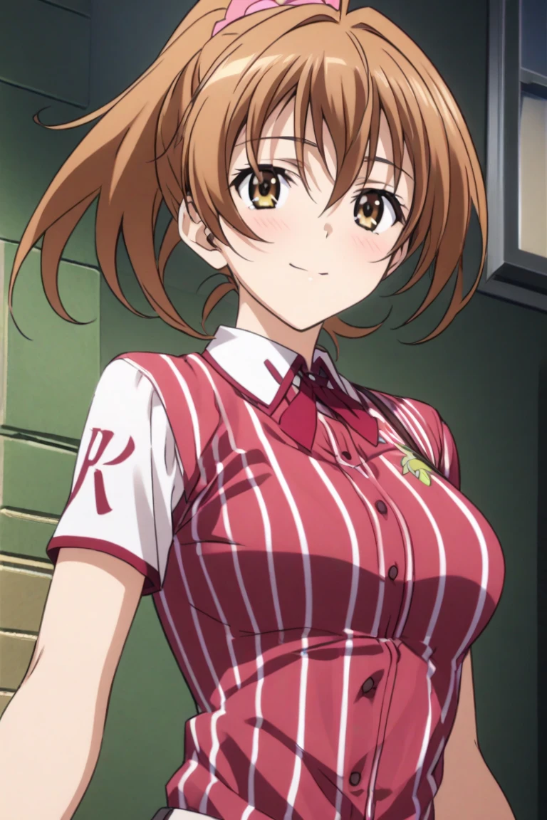 Misaka_mikoto, 1 persons, solo,​masterpiece、top-quality、a closed mouth、ighly detailed,Three-dimensional feeling、full-body view、a park、 super precision、[[In high-quality anime、Misaka has cute light brown hair and brown eyes.:1.15]],(cowboy  shot:1.4)、(Uniforms:1.4)、earrings、Neck_bow ribbon、outside of house、Sunnyday、smile detailed、blue-sky、Light Brown Sleeveless Cardigan、grey miniskirt、I took off my uniform、White swimsuit、sexy
