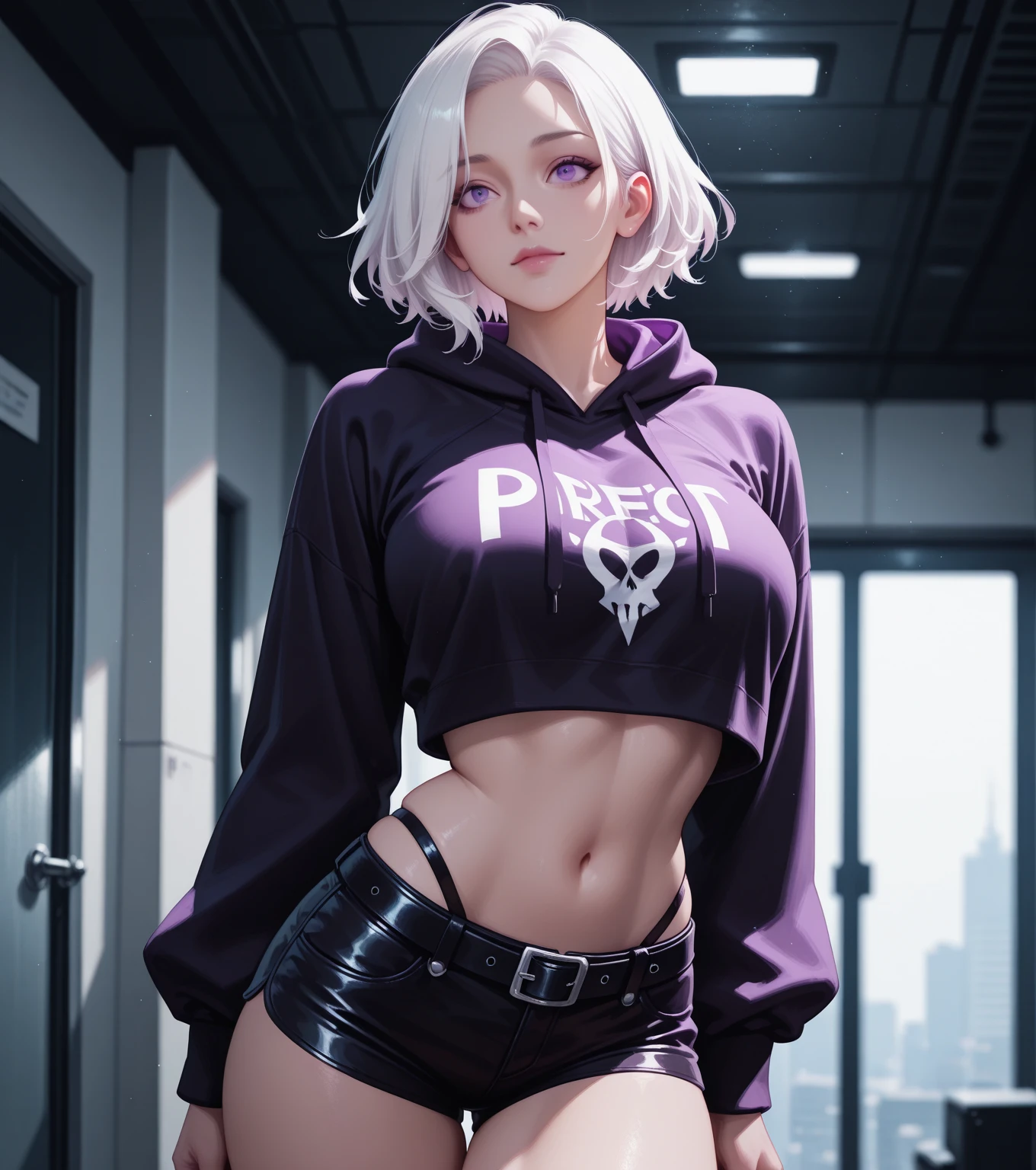 (8K, RAWphotograph, highest quality, masterpiece:1.2), High resolution, Super detailed, intricate details, disorganized, masterpiece, break , beautiful detailed woman, beautifully detailed mouth, highly detailed eyes and face, beautiful and fine eyes, Girl lying on bed, 1girl, solo, black tiara, black crown, white hair, short hair, messy hair, purple eyes, eyeshadow, black hoodie, black sweater, midriff, navel, hoodie down, black shorts, belt bow tie, purple belt bow tie, purple nails, keys, sexy pose, PersephoneFN, fortnite character, matel rib cage sweater,