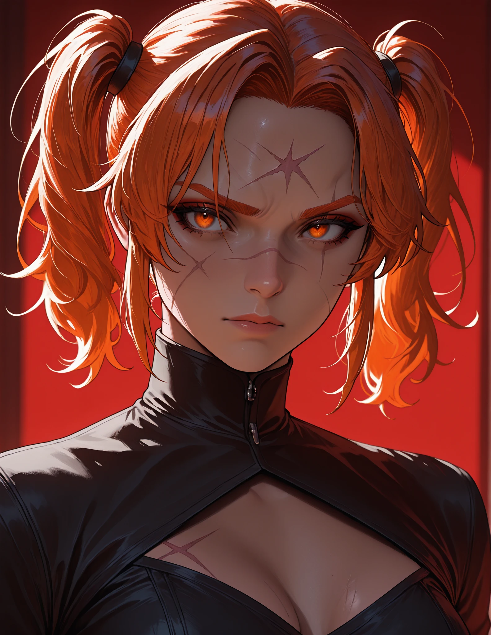((master part)), (melhor qualidade), (conceito de personagem), close-up de uma menina, (pele clara, pele perfeita, olhos grandes, olhos verde-esmeralda, sobrancelhas arqueadas, red hair , (light red hair), cabelos longos, (cabelos cacheados), (foco no rosto), pele perfeita, rosto perfeito, vengeful expression.).  She is known as Vendettendetta is her name), geneticamente criado para ser um agente secreto, decidiu se rebelar, and lives to hunt its creators.