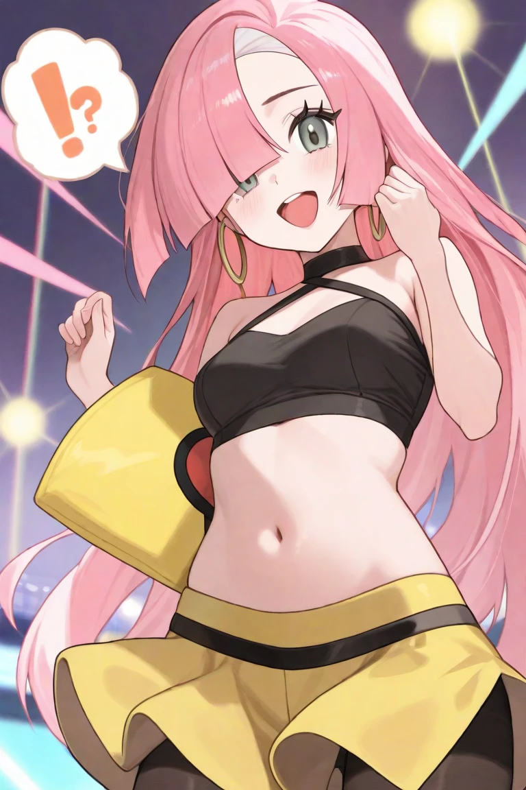 Masterpiece, Hyper detailed, Best quality, UHD, (((3D))), ((anatomically correct)), Dance club, 1 woman, Joyful Expression, ((Hyper detailed sexy (Black) dance outfit, headphones:0.5)), Busty, Curvy, (Hyper detailed eyes, Green eyes), Longeyelashes, Jewellery, Makeup, ((Pink hair, flowing hair)), {{{Club lighting}}}, ((Dynamic poses, stage, musical aura, performance, sparkling, Music notes)), AGGA_ST009