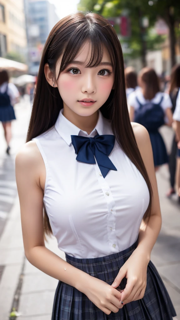 22year old、 (Japan idol), ((Dynamic Pose)), sexypose、pale skin, (((Natural breasts, Big breasts))), (aegyo sal:1.1), (Narrow waist), ((bobhair)), brown haired, ((Puffy eyes)), Looking at the camera, Smiling, Sexy, Bangs, veranda, public, (Bokeh), Ultra-detailed, Best Quality, 超A high resolution, (NSFW:1.05),No panties、(Black pantyhose)、Downtown at night、Right in the middle of the path、Back alley、(((Open clothes to show off your breasts)))、Put out the 、 show through、red blush、hard breathing、perspiring、wetted skin、Wet clothes、((Boldly pull up the skirt:1.3))、(((No pubic hair:1.2)))、Standing in the middle of the road、Blue pleated skirt、Inner Stock、fully body photo、a sailor suit、Japan School Uniforms、teats