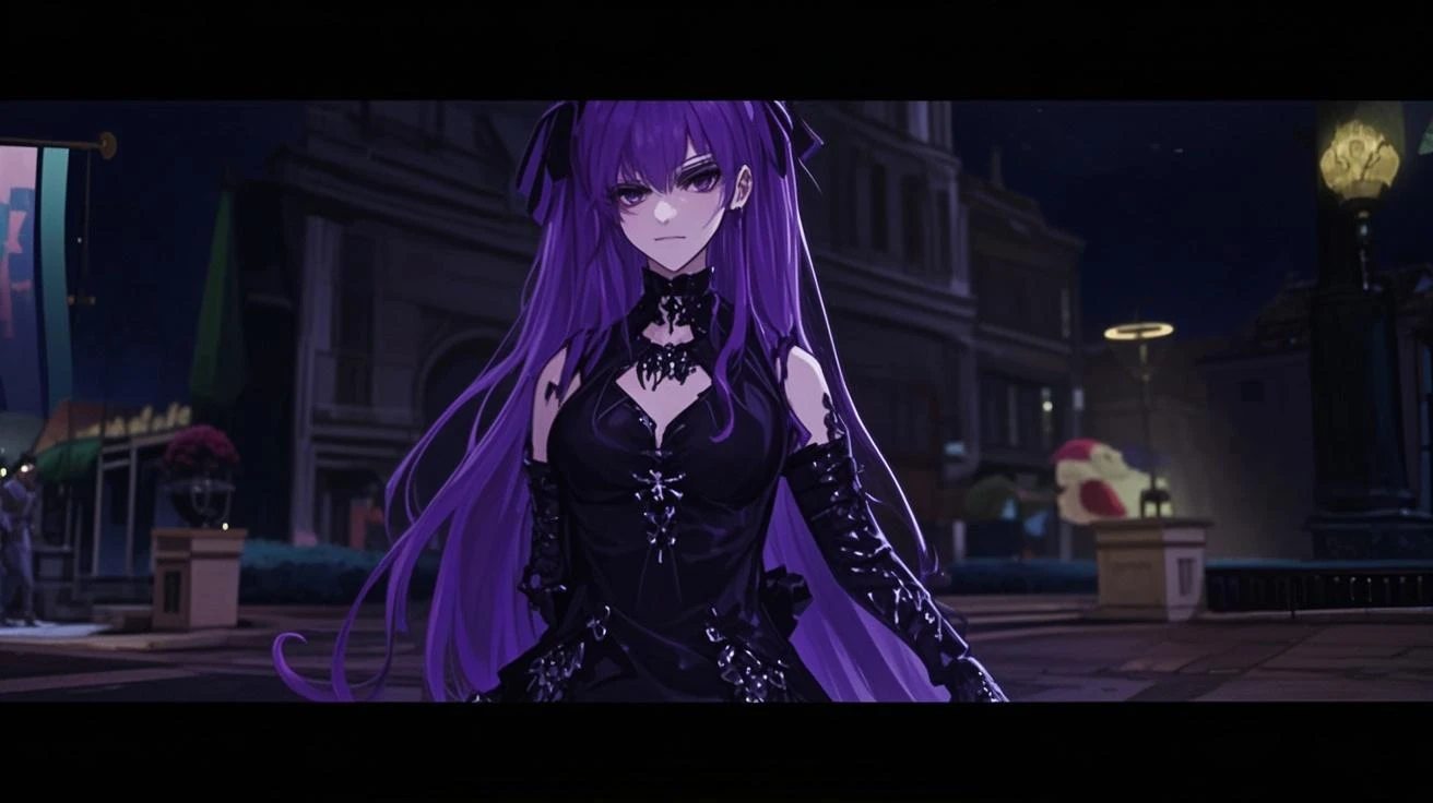 ((best quality)), (((masterpiece))), (highres), original, extremely detailed 8K wallpaper, (an extremely delicate and beautiful girl with Luminous digital cat ears and coat,dark red long disheveled hair,glasses,scarf,feather and hat),(spirit),(beautiful detailed yellow eyes),(thick eyeshadow),world masterpiece theater, depth of field,(tribal totem),(glowing digital gold pattern in clothes),torn clothes, enderman, solo,virtuous woman, Purple long hair,Black Sweater, torn clothes, arrogant smile, despair, detailed background,beautiful detailed shadow, dust, light shafts, good lighting,purple light,(a building in a field with clouds in the background and a sky with clouds above it,)
