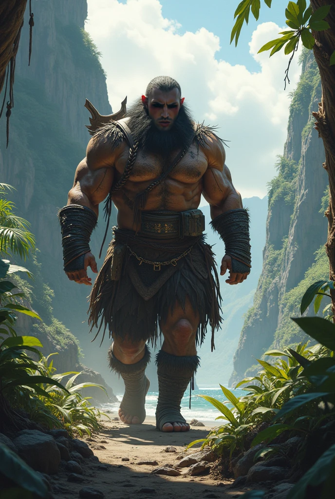 giant mountruo Doomsday, (DC comic villain) super muscular on steroids, walking down a steep slope of black rocks, looking towards the camera, waterfalls in the background, red mist. dusk (dark fantasy image), ethereal atmosphere, cinematic lighting, photorealistic, (best quality,). 8k, high resolution, masterpiece: 1.2), ultra detailed, realistic, photorealistic: 1.37, spectacular lighting, moody, fantasy, concept art