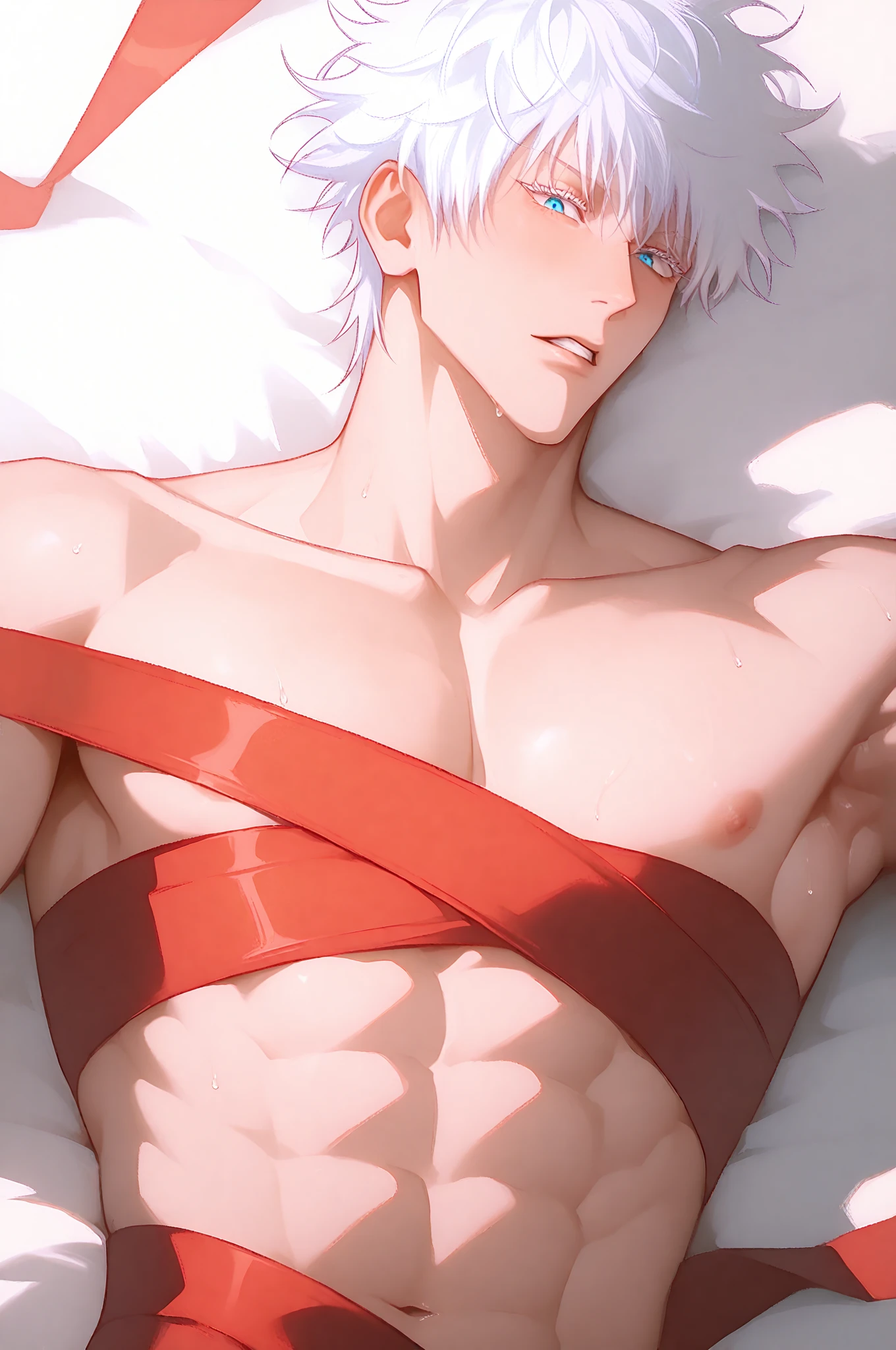 (shirtless), full of scars, anime, handsome, young adult male, (empty face expression, hurt with bruises, pitiful), white medium messy hair, bangs between eyes, silver eyes, baggy dark circles under eyes, sleepless, pale skin, zoom out view, night, night dynamic lighting