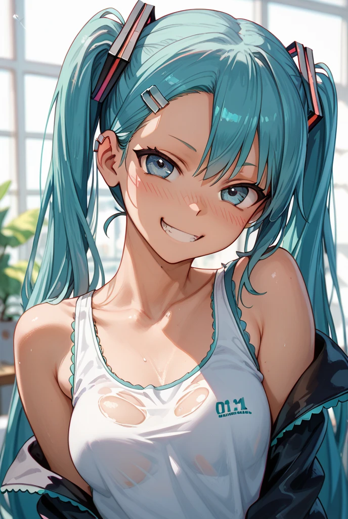 A beautiful green hair woman with three braids and deep blue eyes, gazing condescendingly at the viewer with a cute grinning expression, extremely detailed and realistic, masterpiece quality, ultra-detailed, HDR, studio lighting, vivid colors, physically-based rendering, thick muscular thighs,Cute gym clothes, large breast
