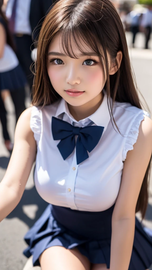 ((A large number of female students:1.5)), 16 years old, Grin, Low length, Japanese, ((Short sleeve white collar shirt:1.5,Navy blue checked mini skirt:1.5,Red checkered bow tie on chest,Black underwear:1.5)), (Big Ass:1.5), (Super huge boobs:1.5), Huge breasts, bulging udder, (Chubby:1.2), Glowing Skin, Baby Face, Porn Pose, Full body portrait, In a crowded train:1.1,
