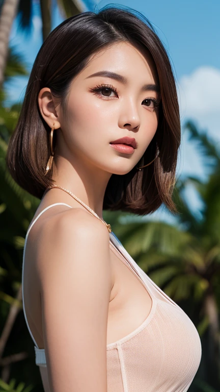 ((best quality, 8k, masterpiece :1.3)), sharp focus :1.2, (((Korean woman))). ((big bust:1,4)), very detailed face, very detailed lips, detailed eyes, double eyelid, A face with makeup on. bright red lipstick. (((short brown hair)), ((Yellow bikini)), ((Hawaii beach))