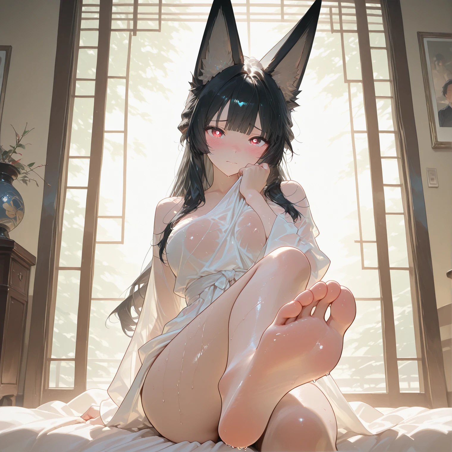 masterpiece、top-quality、1girl in。(bathrobe:1.2), white hair,Red Eyes,(mare:0.8), (Fantastical:0.7), (A smile:0.8),fox ear,salon,wear bra, wear dress , wet clothes,wet hanging,salon, perfect body, perfect breast,((blush on: 1.2)),((fox-tails:1)), perfect big fox-tails, crop top, ((white legwear)),hair bobbles, tights, recumbent on the bed, hot, girl below, looking up,(( Wear dress)), white suit,((wet:1.3)), neckline, navel, t-shirt, ((bra)), clothes lift, tights, perfect face,((peeing:1.2))