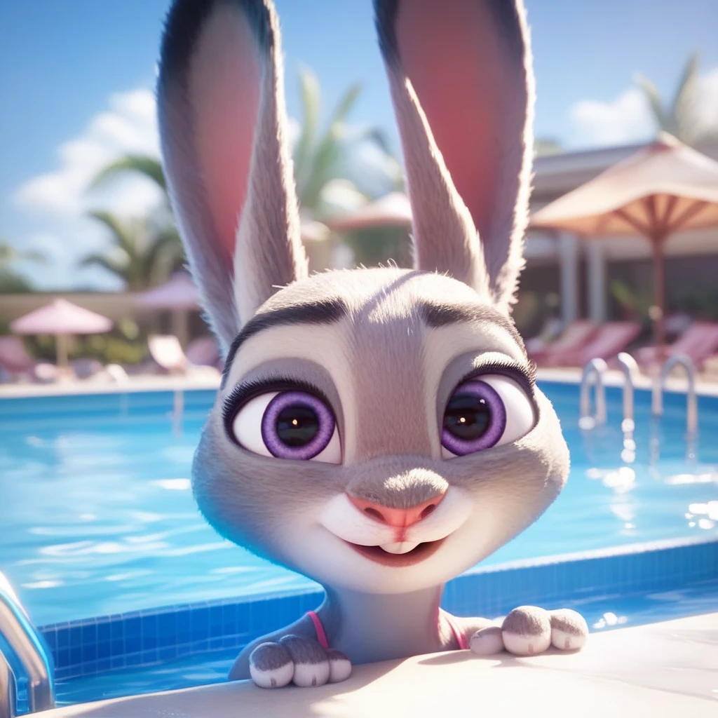 (by pixelsketcher:0.6), (by personalami :0.6), solo, female,rabbit, background, (cinematic lighting:1.1), (perfect focus:1.1), 8k hd, (detailed eyes:1.2),depth of field, bokeh, subsurface scattering, perfect breasts, wide ,((bikini, blue bikini)),bright colors, (furry detail:1.3),detailed background, beach,ocean, realistic, photorealistic, ultra realistic,swimming pool, pool, beautiful pool, crystal clear water, sky, clouds,realistic, photorealistic ,smile,(fluffy:1.3), furry, buff, (realistic fur:1.1), (extreme fur detail:1.2),((light brown fur)),(Black pupil, purple eyes,pixar style eyes),rabbit tail,3d pixar style,sexy legs
