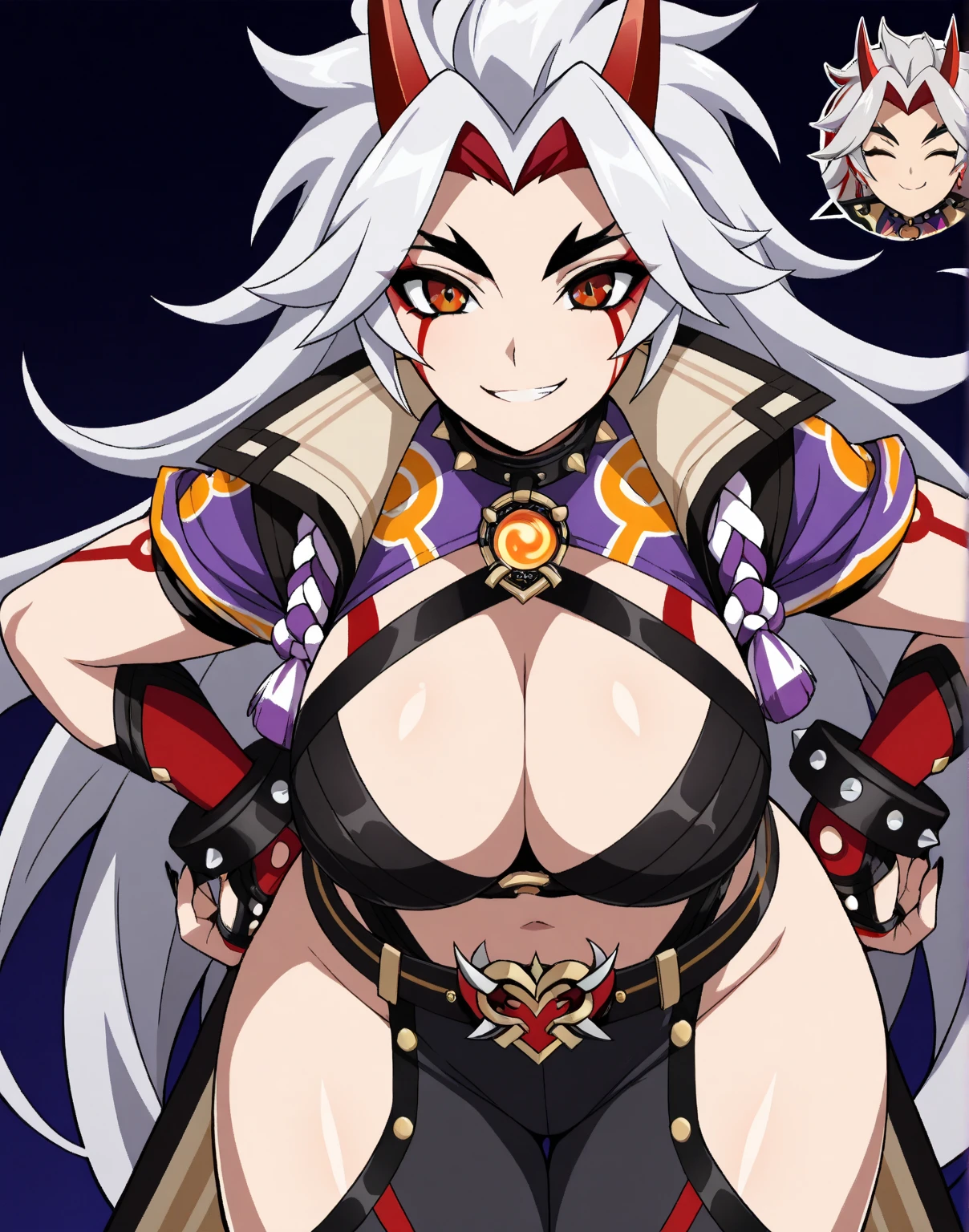 masterpiece, best quality, garnet maclaine, white skin, uniform, epaulettes, cleavage cutout, midriff, belt, thigh boots, toned body, looking at viewer, smile, large breasts, looking at viewer, furrowed brow, smug, clenched fist, standing, warehouse, sky, clouds , navel, evil expression, exposed belly, exposed navel, exposed midriff, exposed lower belly