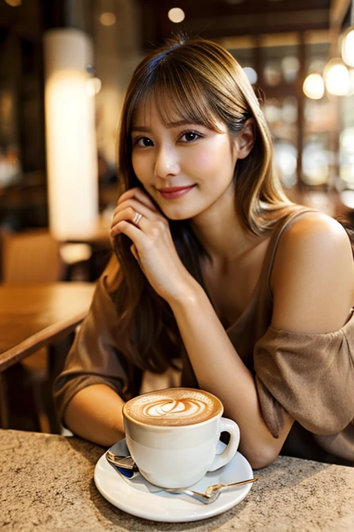 Cute beautiful blonde (Drink coffee in a modern café at sunset), very detailed, 21 years old, innocent face, natural wavy hair, blue eyes, High resolution, masterpiece, highest quality,intricate details, very detailed,sharp focus, fine skin,realistic skin texture,texture, fine eyes, Professional, 4K, Chalmer Smile, Photographed with Canon, 85mm,shallow depth of field,kodak vision color, perfectly fitted body, very detailed, photograph_\(ultra\), photographrealistic, realistic, Post-processing, maximum details, roughness, real life, ultra realistic, photographrealism, photographgraphy, 8K UHD, photographgraphy