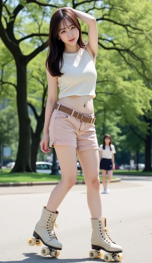 Female, standing on city street, kissing style, wearing pink hotpants, smile, Dark blue hair, red lips, photorealistic, masterpiece