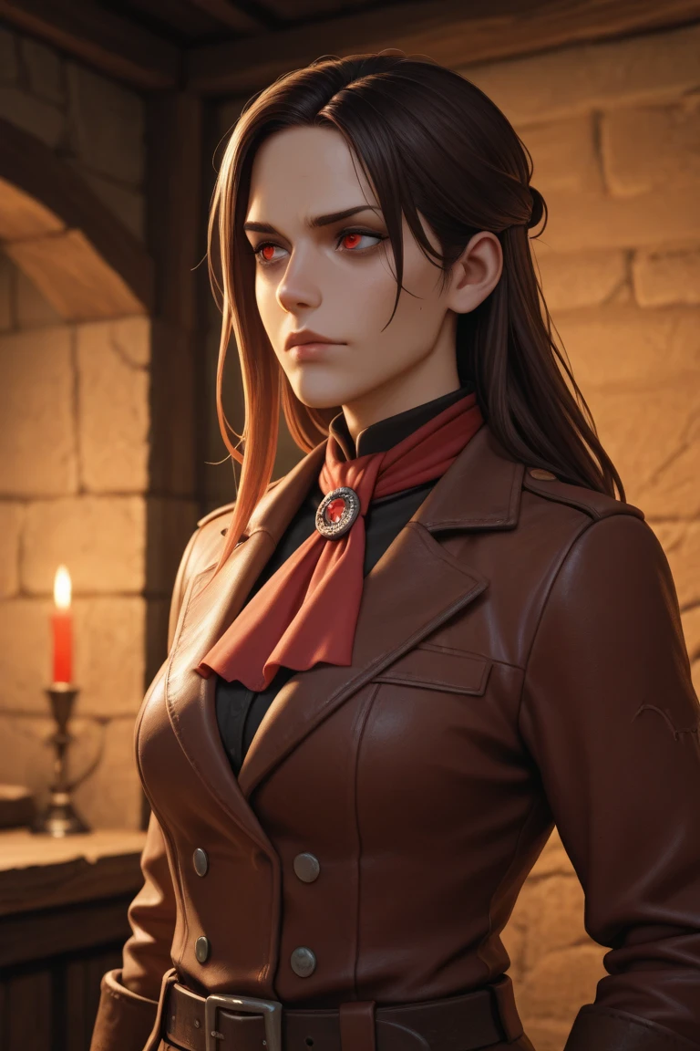 a young woman in a red & black medieval gothic outfit standing in front of a castle wall with a heraldic flag on it's side, realistic photo, realistic character concept, aesthetic, gothic art, (cleavage:0.9), (sun ray:0.8, natural lighting:0.7), [shallow depth of field], photographed on a Canon EOS-1D X Mark III, 50mm lens, F/2.8, (intricately detailed, hyperdetailed), ((RAW color)), sharp focus, HDR, 4k resolution, Cinematic film