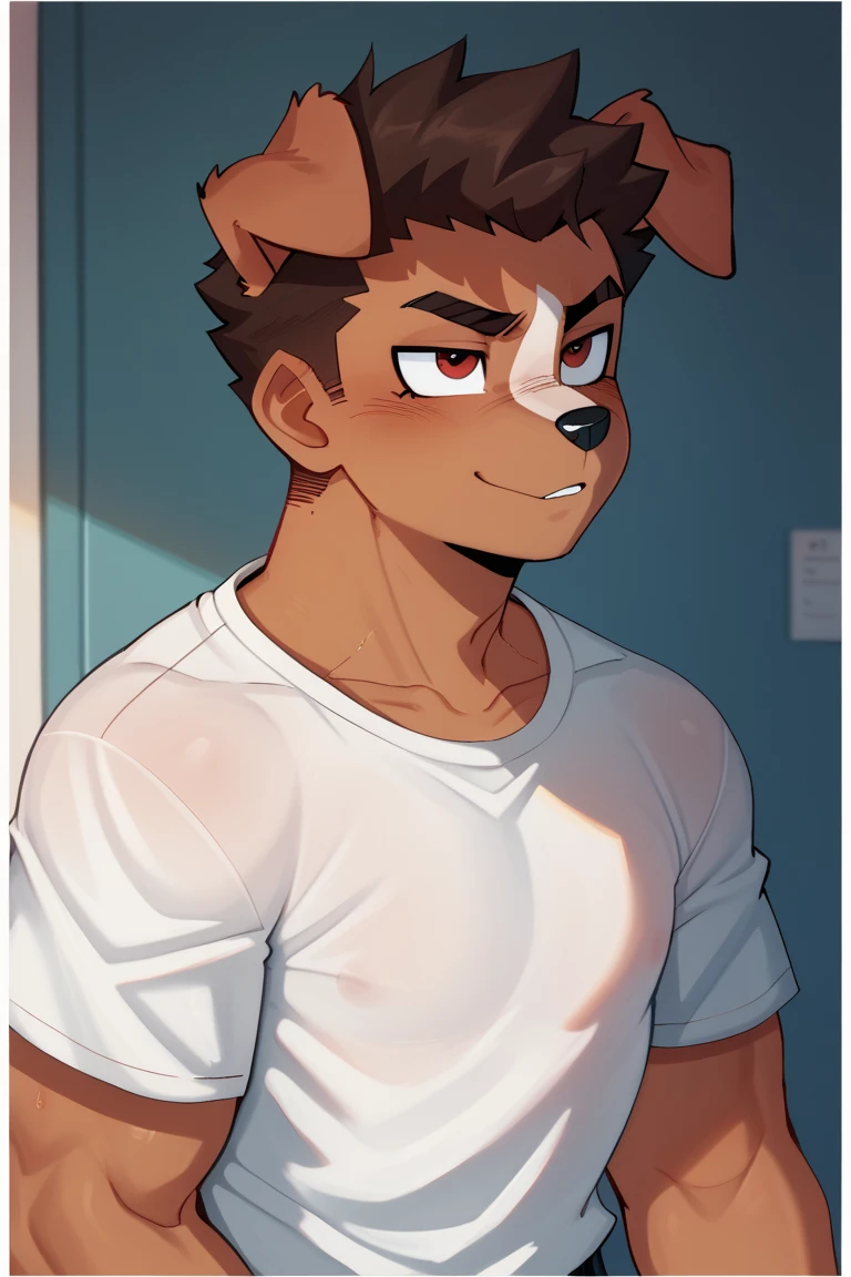 Solo, male, a cute anthro furry deer boy of 1, a deer tail always, toned, lean, white hair, faux hawk hair, gren eyes, by fumiko, by hyattlen, by zackary911, indoors, standing, arms crossed, front view, leaning his back against a wall, serious, all brown fur, white stripes, crop top white t-shirt and black tight jeans.