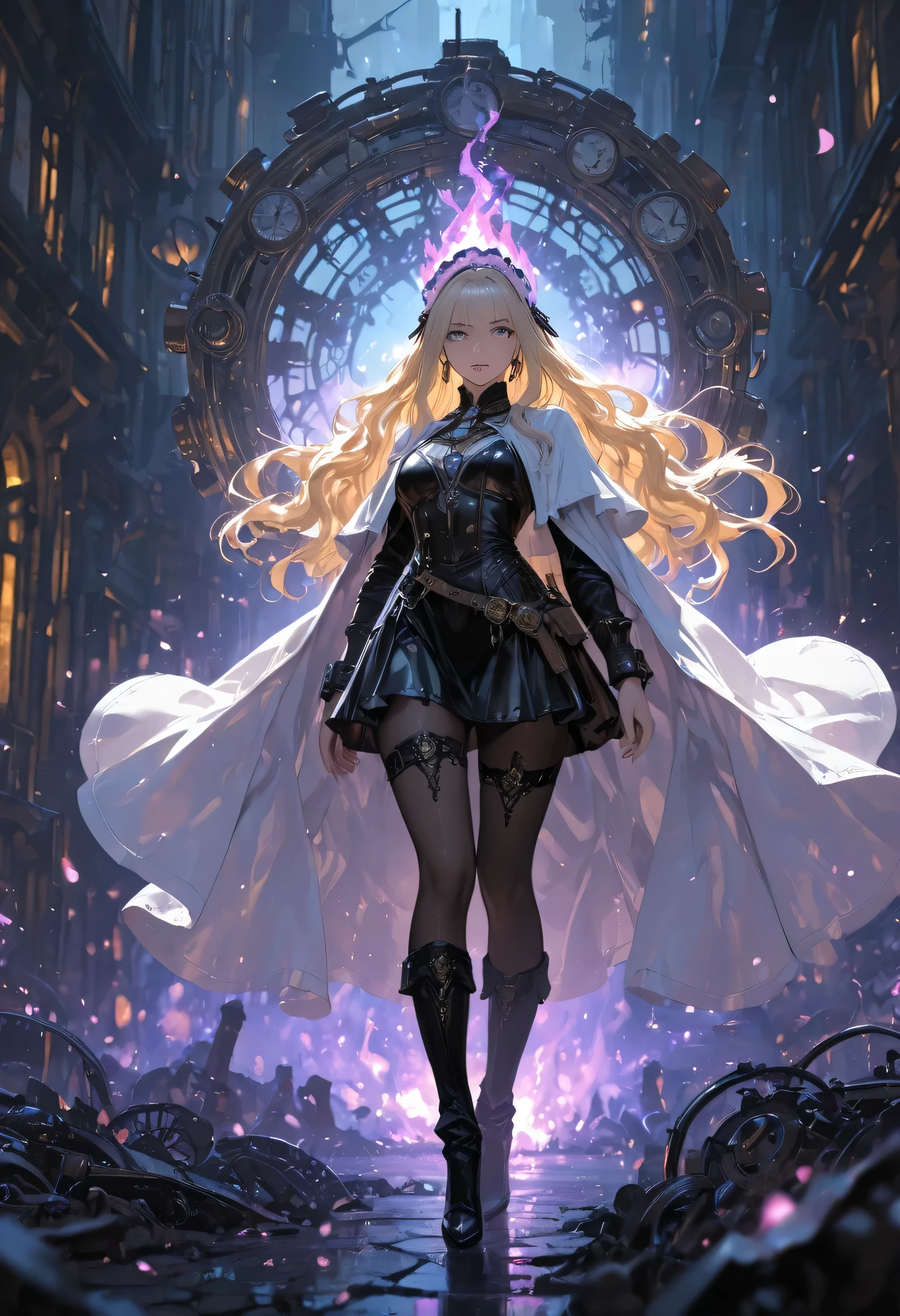 picture of a woman wizard, manipulating magical purple fire, extremely beautiful woman (best Detailed, Masterpiece, Hyperrealistic) blond hair, rich hair, wavy hair, dynamic eyes color, wearing black and white leather dress, wearing white cloak, wearing pantyhose, wearing high heeled boots, make up,  fantasy art, steampunk art, RPG art, photograph, RAW,  Best Detailed, steampunk background, ultra best realistic, best details, best quality, 16k, [ultra detailed], masterpiece, best quality, (extremely detailed), ultra wide shot, photorealism, depth of field, hyper realistic painting,  glowing, ember