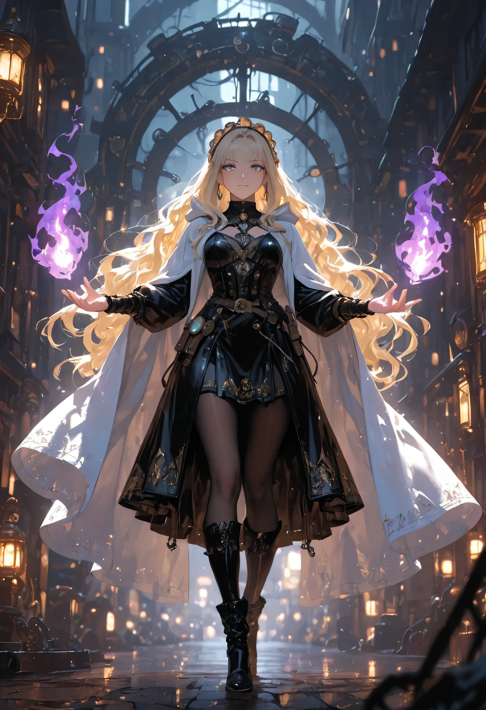 picture of a woman wizard, manipulating magical purple fire, extremely beautiful woman (best Detailed, Masterpiece, Hyperrealistic) blond hair, rich hair, wavy hair, dynamic eyes color, wearing black and white leather dress, wearing white cloak, wearing pantyhose, wearing high heeled boots, make up,  fantasy art, steampunk art, RPG art, photograph, RAW,  Best Detailed, steampunk background, ultra best realistic, best details, best quality, 16k, [ultra detailed], masterpiece, best quality, (extremely detailed), ultra wide shot, photorealism, depth of field, hyper realistic painting,  glowing, ember