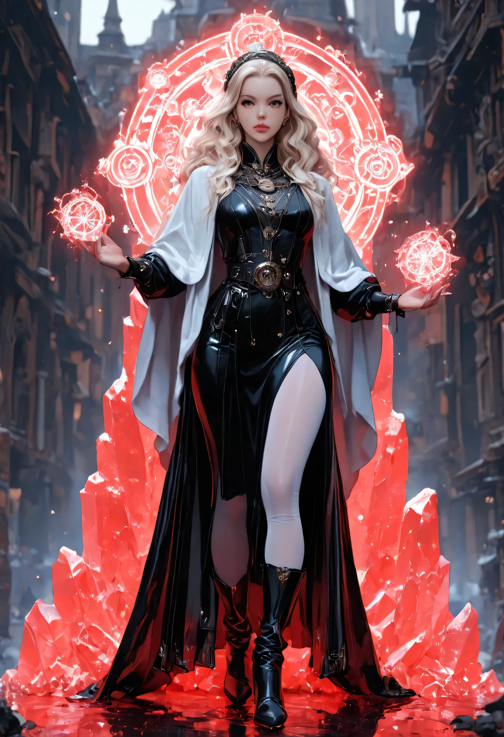 picture of a woman wizard, manipulating magical red ice magic, extremely beautiful woman (best Detailed, Masterpiece, Hyperrealistic) blond hair, rich hair, wavy hair, dynamic eyes color, wearing black and white leather dress, wearing white cloak, wearing pantyhose, wearing high heeled boots, make up,  fantasy art, steampunk art, RPG art, photograph, RAW,  Best Detailed, steampunk background, ultra best realistic, best details, best quality, 16k, [ultra detailed], masterpiece, best quality, (extremely detailed), ultra wide shot, photorealism, depth of field, hyper realistic painting, 
