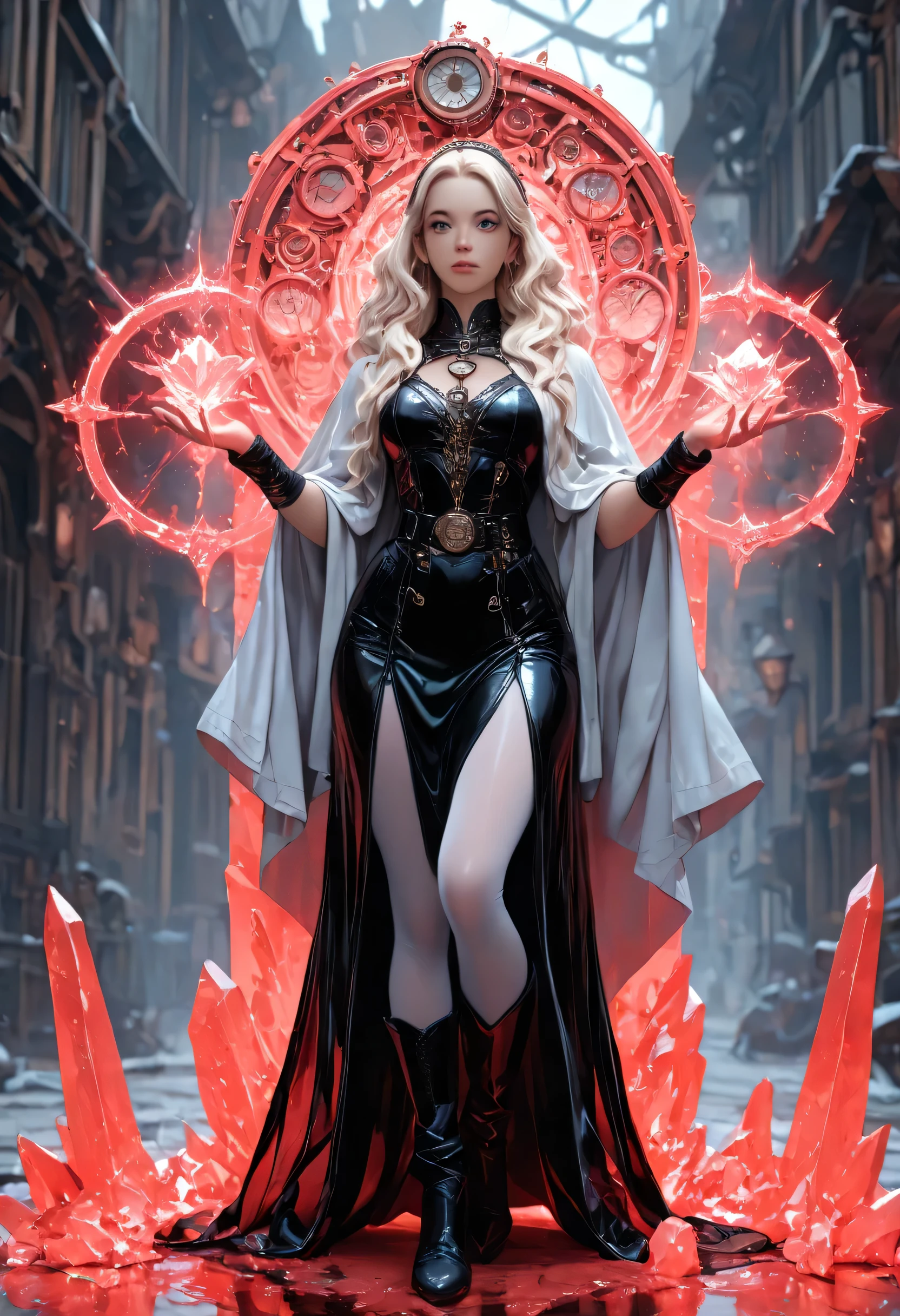 picture of a woman wizard, manipulating magical red ice magic, extremely beautiful woman (best Detailed, Masterpiece, Hyperrealistic) blond hair, rich hair, wavy hair, dynamic eyes color, wearing black and white leather dress, wearing white cloak, wearing pantyhose, wearing high heeled boots, make up,  fantasy art, steampunk art, RPG art, photograph, RAW,  Best Detailed, steampunk background, ultra best realistic, best details, best quality, 16k, [ultra detailed], masterpiece, best quality, (extremely detailed), ultra wide shot, photorealism, depth of field, hyper realistic painting, 