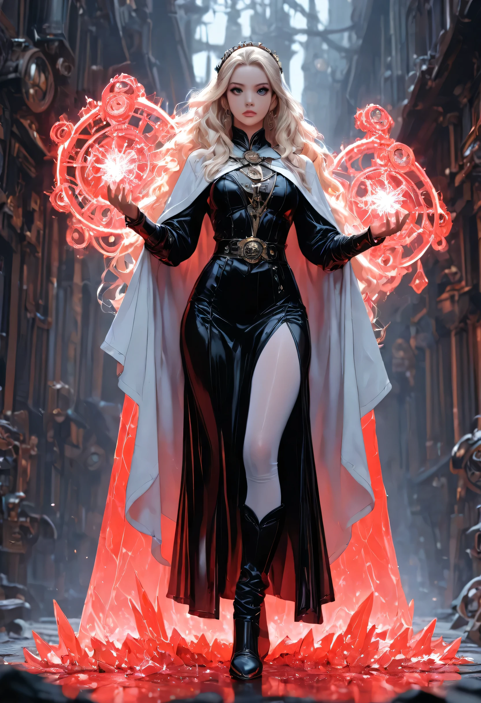 picture of a woman wizard, manipulating magical red ice magic, extremely beautiful woman (best Detailed, Masterpiece, Hyperrealistic) blond hair, rich hair, wavy hair, dynamic eyes color, wearing black and white leather dress, wearing white cloak, wearing pantyhose, wearing high heeled boots, make up,  fantasy art, steampunk art, RPG art, photograph, RAW,  Best Detailed, steampunk background, ultra best realistic, best details, best quality, 16k, [ultra detailed], masterpiece, best quality, (extremely detailed), ultra wide shot, photorealism, depth of field, hyper realistic painting, 