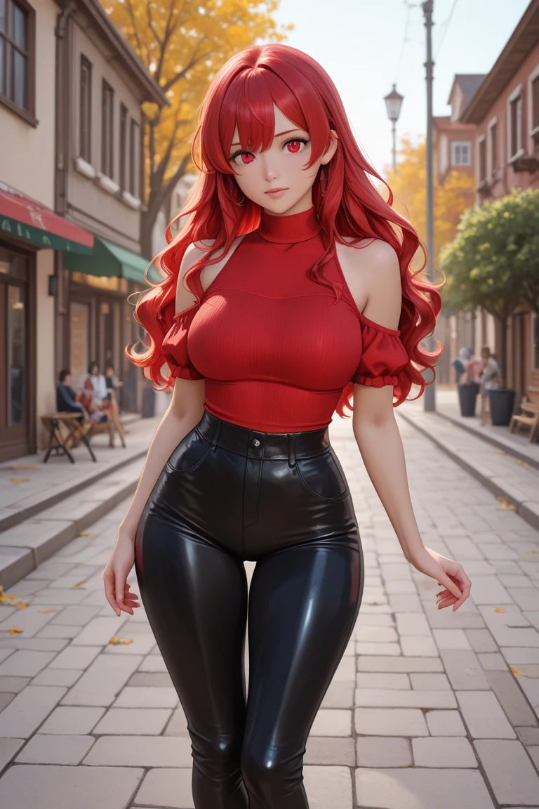 proffesional, (4K Photo:1.1) (sharp focus:1.3), High detail, using (chic outfit:1.2), beautiful and detailed face, An attractive woman with long red hair looks into the camera, looking like actress Katherine McNamara, Panasonic Lumix S Pro 50mm F/1.4, Ana Stokes, color splashing, dark orange and dark emerald, ferrania p30, photo realist, (attractive young woman:1.3), (seducer:1.3), (blush:1.1), hourglass body shape, big round breasts, Broad Hips, in the background city with an aspect of self-confidence and luxury aumente levemente o quadril e cor dos olhos castanhos