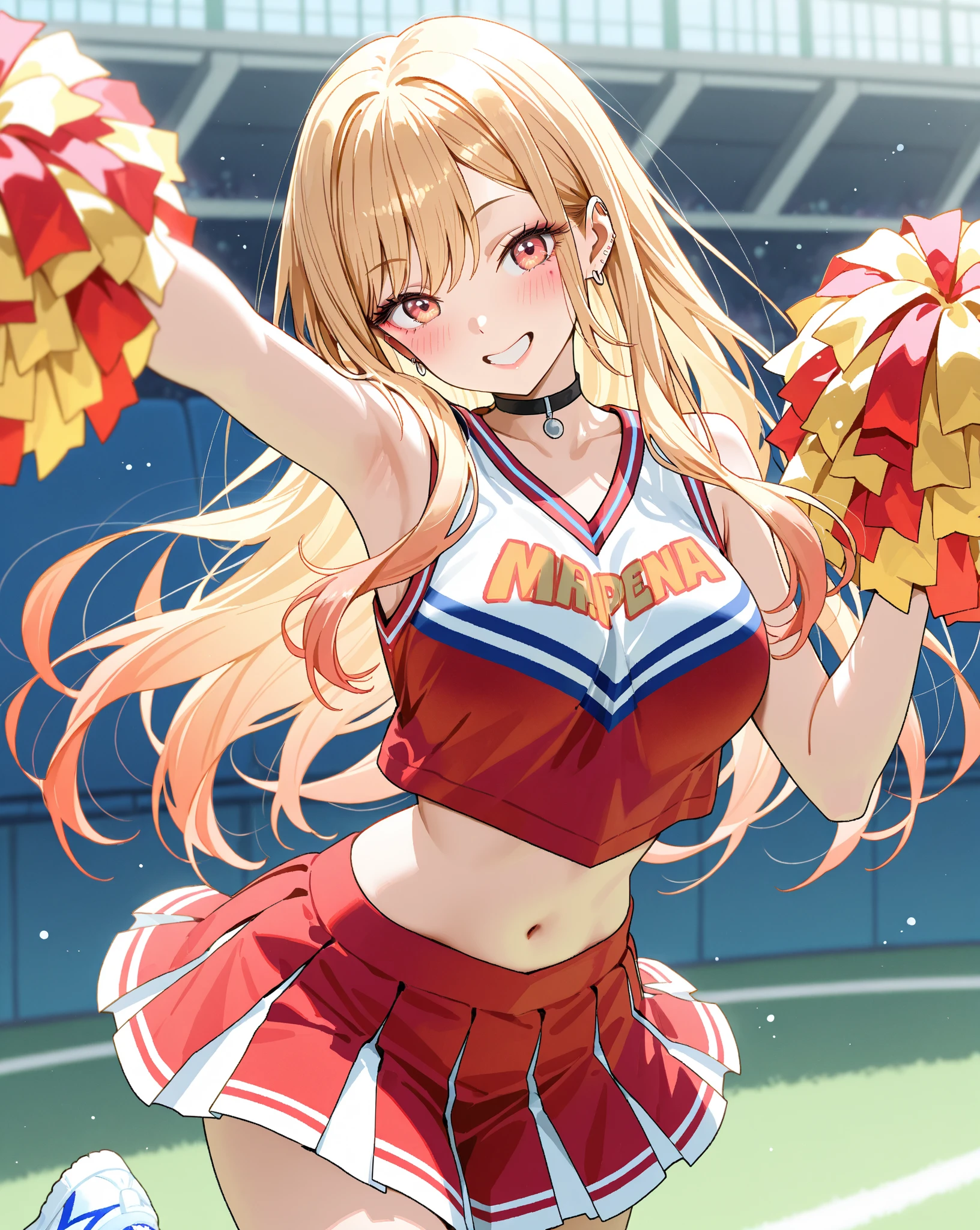 One girl, smiling, big mouth smile, droopy eyes, cheerful expression, big eyes, blond twin-tail hair, red ribbon, small breasts, cheerleader, cheering for baseball, holding a bonbon, five fingers, both hands, quality fingers, focus on face, front view, red eyes, no shadow on background, high quality, no shadow on background, high quality