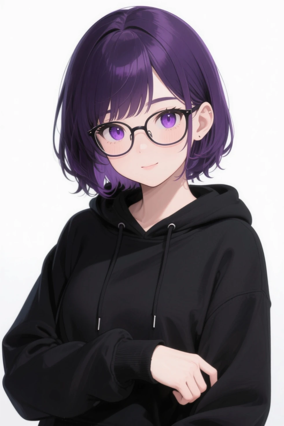 Girl with dark purple short purple hair, wearing black glasses with round frames