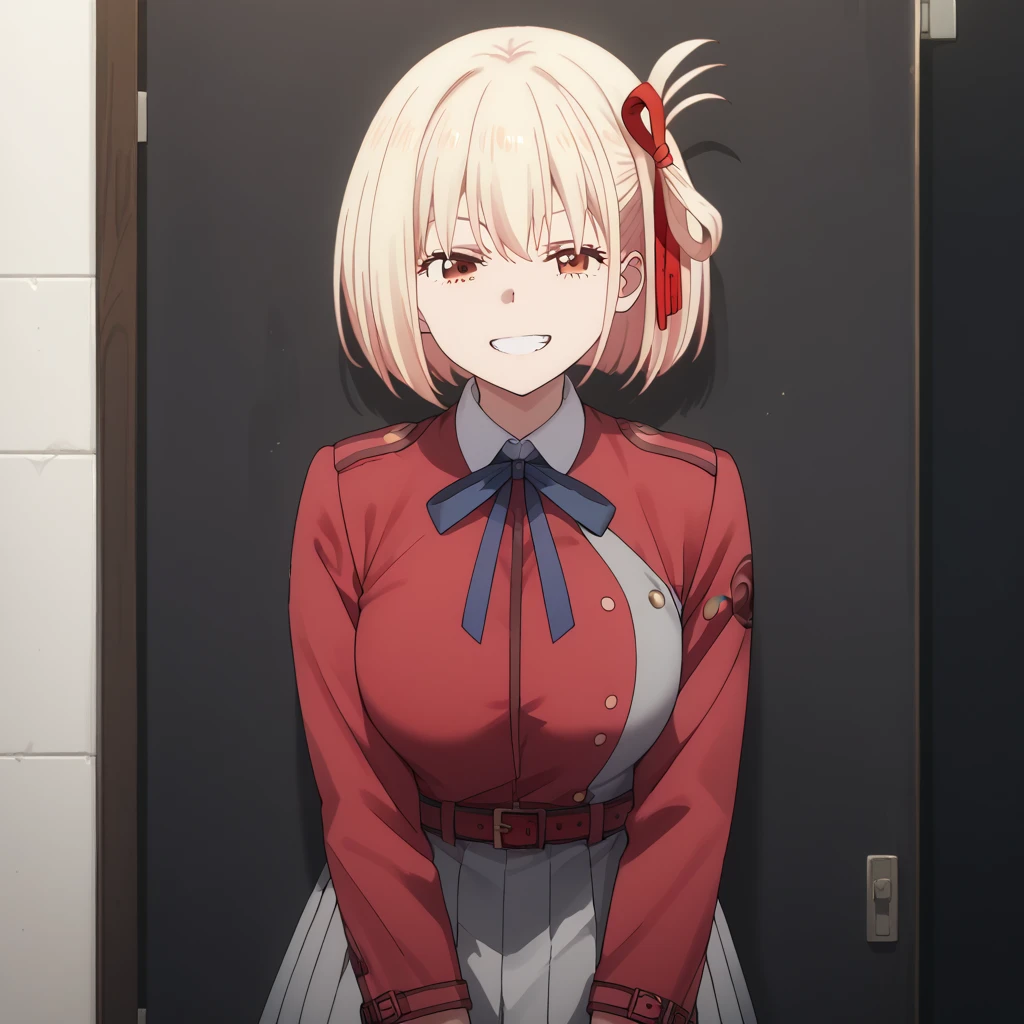 Chisato Nishikigi, short hair, bangs, Blonde, (Red eyes:1.5), hair ribbon, One side up, Bobcut,happy smile, smile, Open your mouth,Heart-shaped necklace,Bare neck,Bare shoulders,bare clavicle,Red off-shoulder sweater,mini skirt,Black pantyhose,short boots,There is food on the table,トレイ in one hand,Chair,Walking,whole bodyがイラストに入るように,
break indoors,School,canteen,
break looking at viewer, whole body,
break (masterpiece:1.2), Highest quality, High resolution, unity 8k wallpaper, (figure:0.8), (Beautiful attention to detail:1.6), Highly detailed face, Perfect lighting, Highly detailed CG, (Perfect hands, Perfect Anatomy),