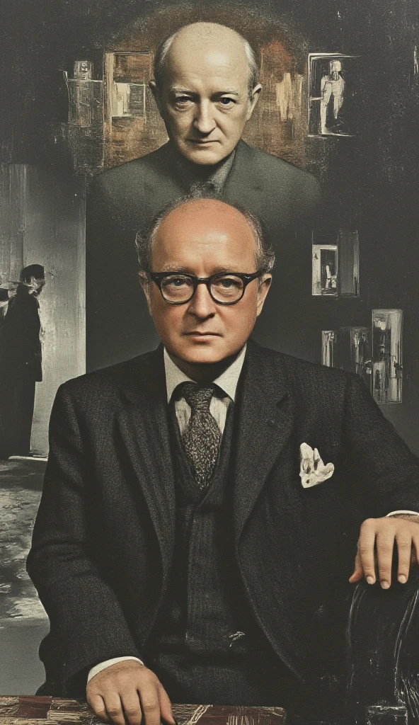 Create a bust portrait scene of a middle-aged man with glasses, vestindo um terno elegante. He holds a hardcover book with one hand while the other rests casually on the book's cover. His face reflects an expression of curiosity and readiness to share the knowledge contained in the book
