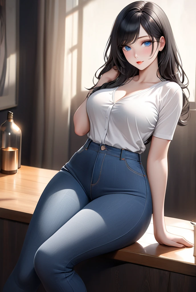 (hyuga Hinata, very sensual, with tight clothes, big-ass, legs thick, Wearing extremely tight jeans, wearing a mini blouse, umbigo com pirsing, big hair, Speaker behind, very realistic, extremely sexy, 8K, 8K extremamente detalhado), (an extremely delicate and beautiful), (Masterpiece artwork), (best qualityer: 1.0), (ultra highres:1.0)