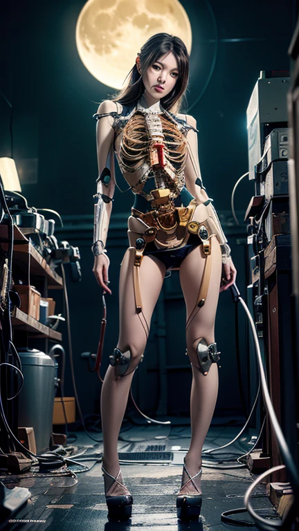 (((masterpiece))), (((best quality))), ((ultra-detailed)), (highly detailed CG illustration), ((an extremely delicate and beautiful)),(cute delicate face),cinematic light,((1mechanical girl)),solo,full body,(machine made joints:1.4),((machanical limbs)),(explosed muscles),(blood vessels connected to tubes),(a brain in container:1.3),((mechanical vertebra attaching to back)),((mechanical cervial attaching to neck)),((sitting)),expressionless,(wires and cables attaching to head and body:1.5),small breasts,short hair,(character focus),science fiction