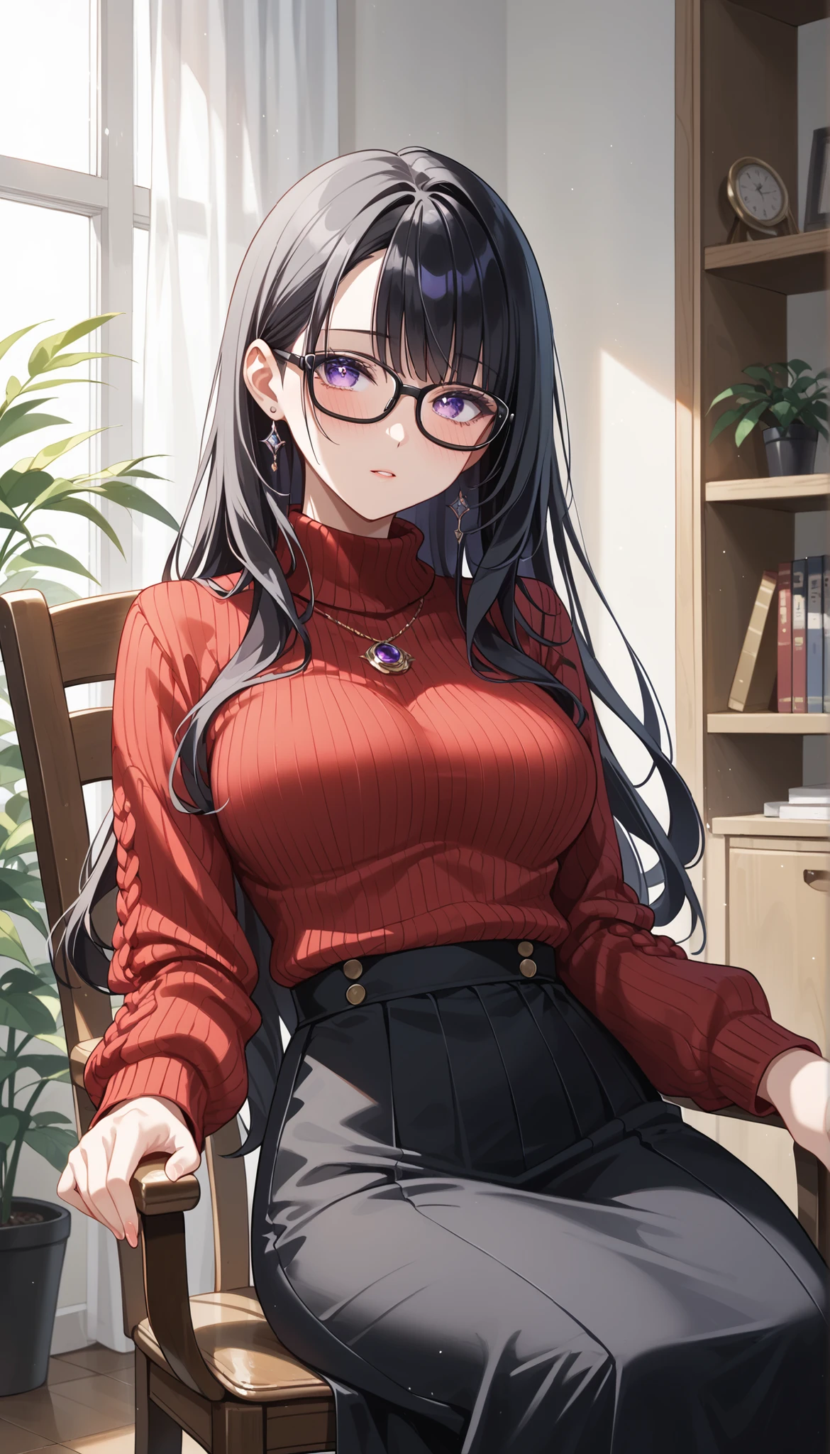 1girl, anime, black eyes, long black hair with square bangs, very long black hair, super long black hair, skirt and stockings, heels, black Japanese style kimono mixed with ribbed black sweater with red accents and sakura floral design, ((ribbed black sweater)) adult, (Japanese shrine/temple background), gamer, (((gamergirl))),  (((office lady))), kimono sleeves, garter, graceful, (nerdy), ((large chest)), ((big chest)), (busty), ((((glasses))))