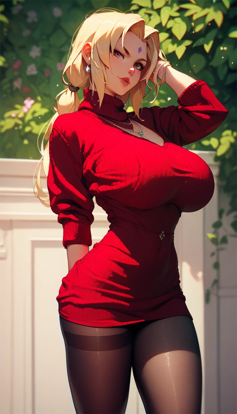 girl, ((huge breasts)), abdominal muscles, blonde, red sweater, Look at the camera, big eyes, beautiful pupils, upper part of body