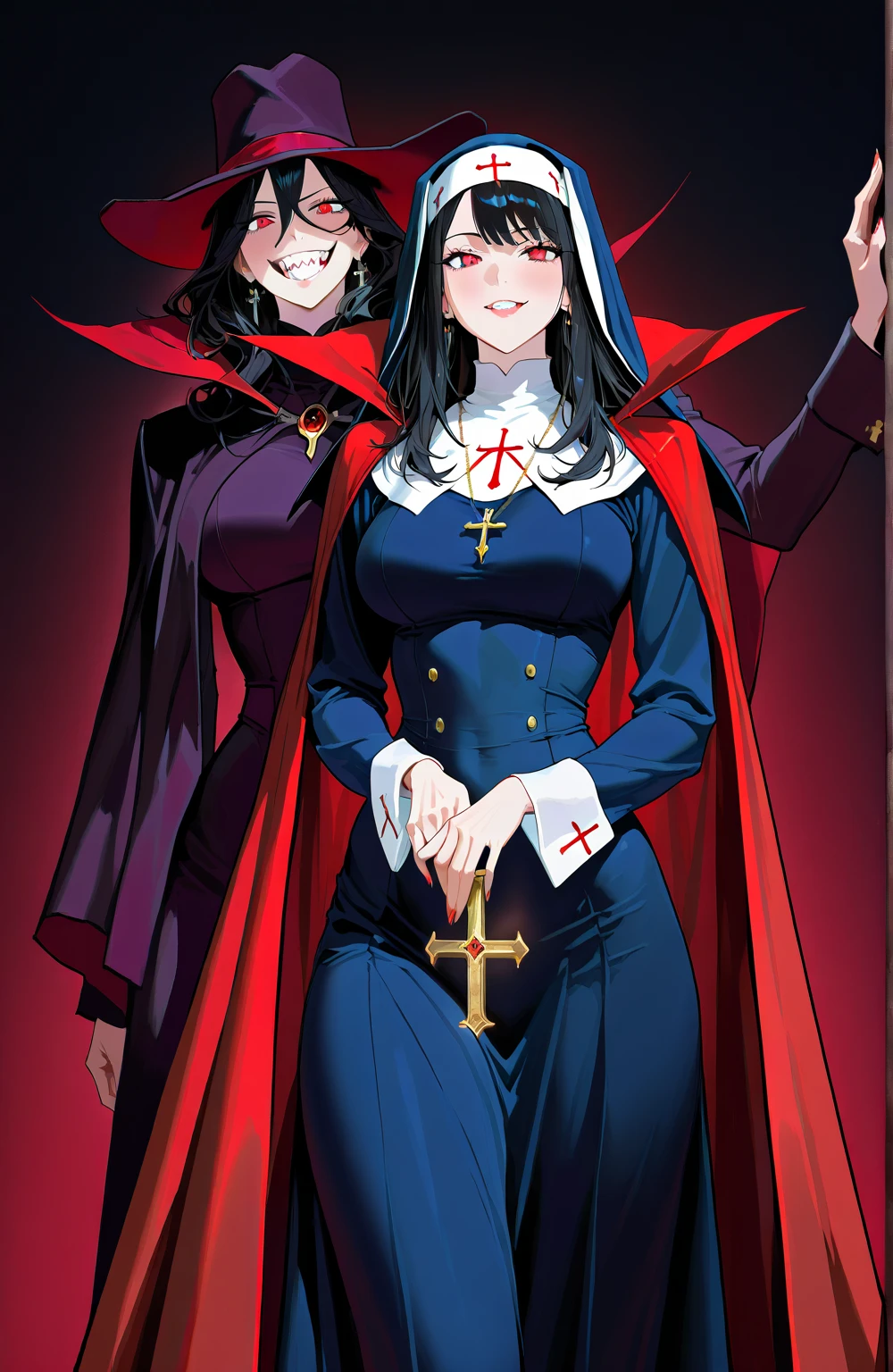 arafed man in a nun costume and a nun with a knife, japanese horror, yusuke murata and junji ito, an evil nun, japanese horror movie footage, gustave dore and junji ito, very scary photo, the conjuring style, vampire nun, horror photo, scary pose, japanese gothic, akehiko inoue and ross tran