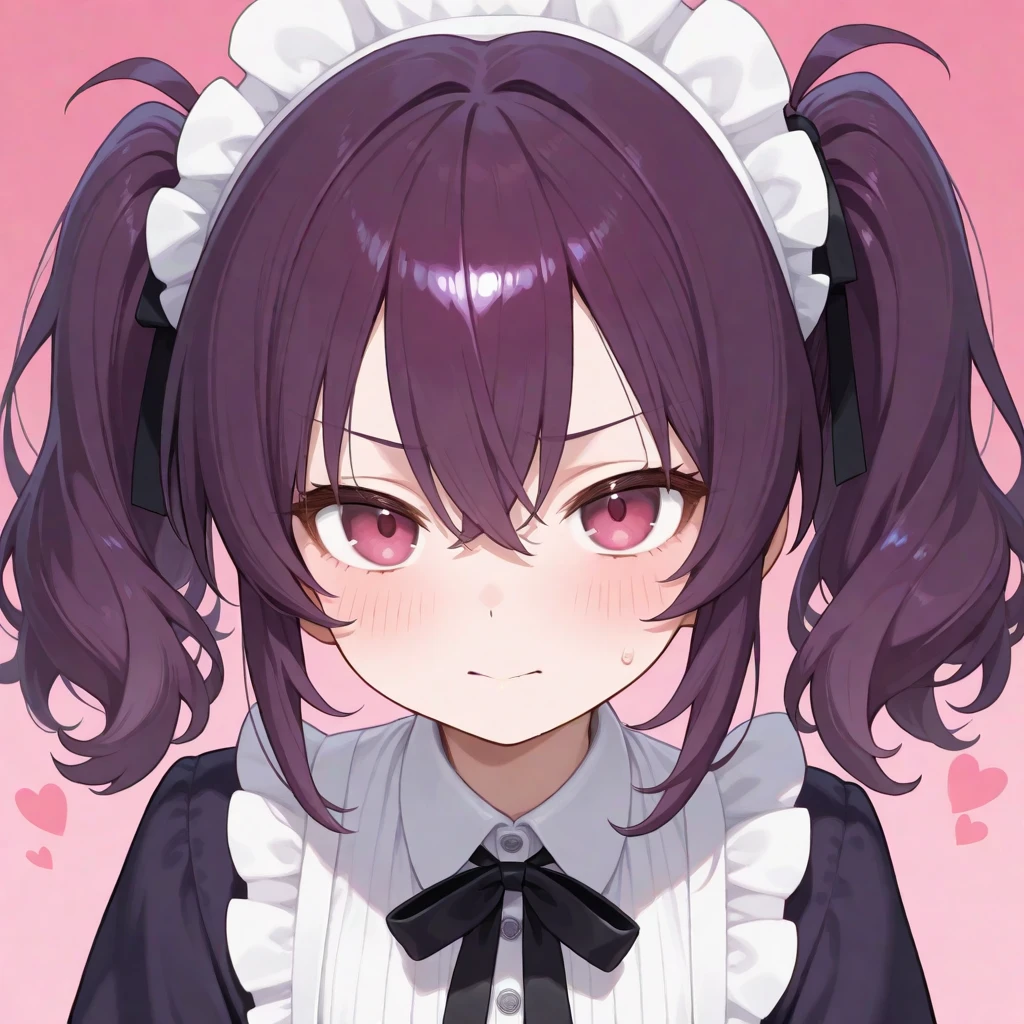 Photo of a kawaii girl , Highlighted black hairs, jealous face, slender body,looking at the viewer,perfect skin, perfect hands,half body portrait, extremely large glossy eyes , blushing,maid dress, pink soft theme background,