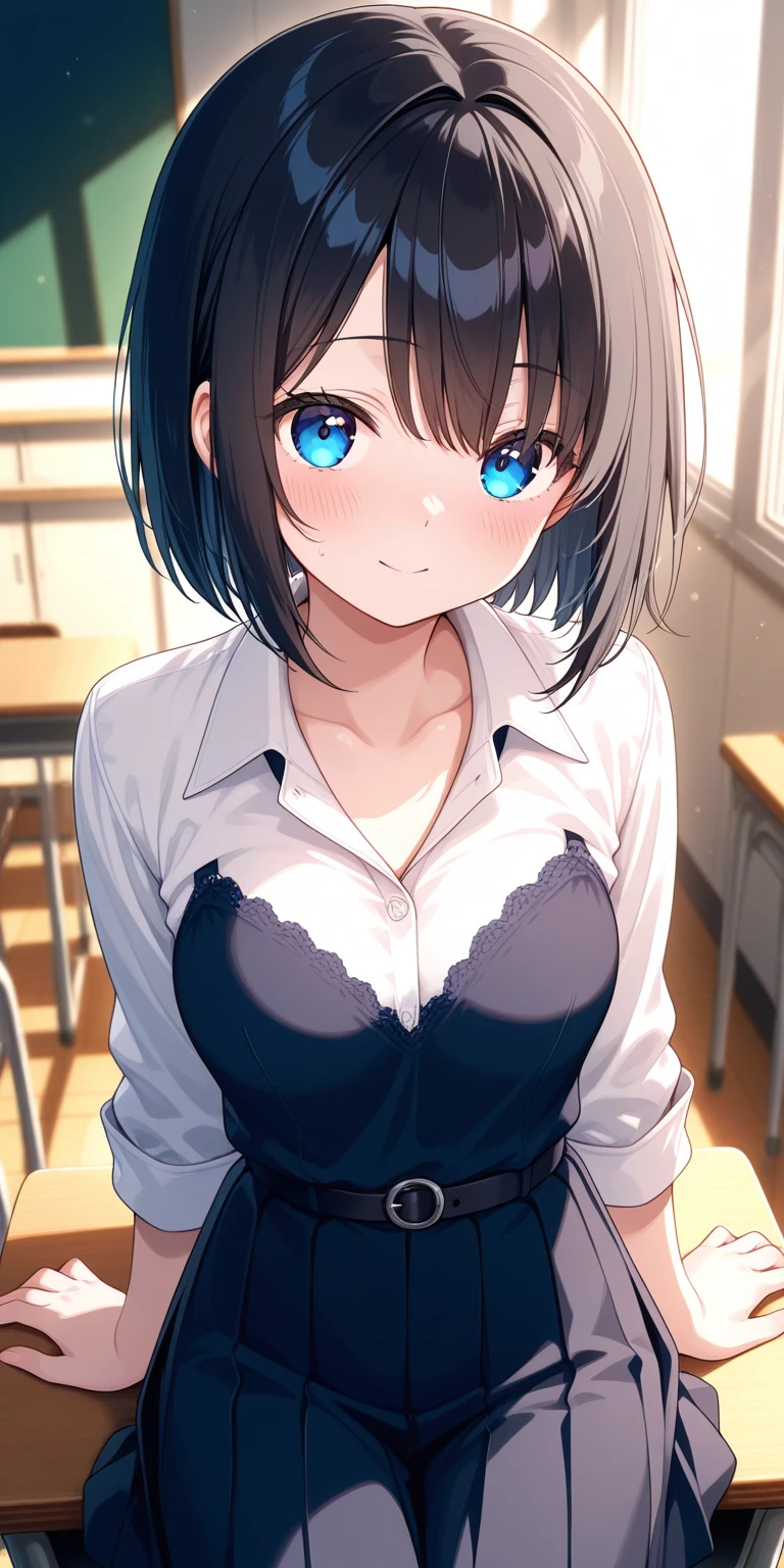 (masterpiece:1.2, highest quality), (Realistic, photoRealistic:1.4), Beautiful illustrations, (Natural Side Lighting, Cinema Lighting), Written boundary depth,
Looking at the audience, (Face Focus, Upper Body), Front view, 1 girl, Japanese, high school girl, 15 years old, Perfect Face, Symmetrical cute face, Shiny skin,
(Pixie Hair:1.7,Black Hair), Asymmetrical bangs, Big eyes, Droopy eyes, long eyelashes chest), thin,
Beautiful Hair, Beautiful Face, Beautiful and beautiful eyes, Beautiful clavicle, Beautiful body, Beautiful breasts, Beautiful thighs, Beautiful feet, Beautiful fingers,
((High quality fabric, brown knit vest, Short sleeve white collar shirt, Navy Pleated Skirt, Navy bow tie)),
(Beautiful views), evening, (Inside the flower shop), Are standing, (smile, Excellent, Open your mouth), (From below:1.5),(Poor horizon:1.5)