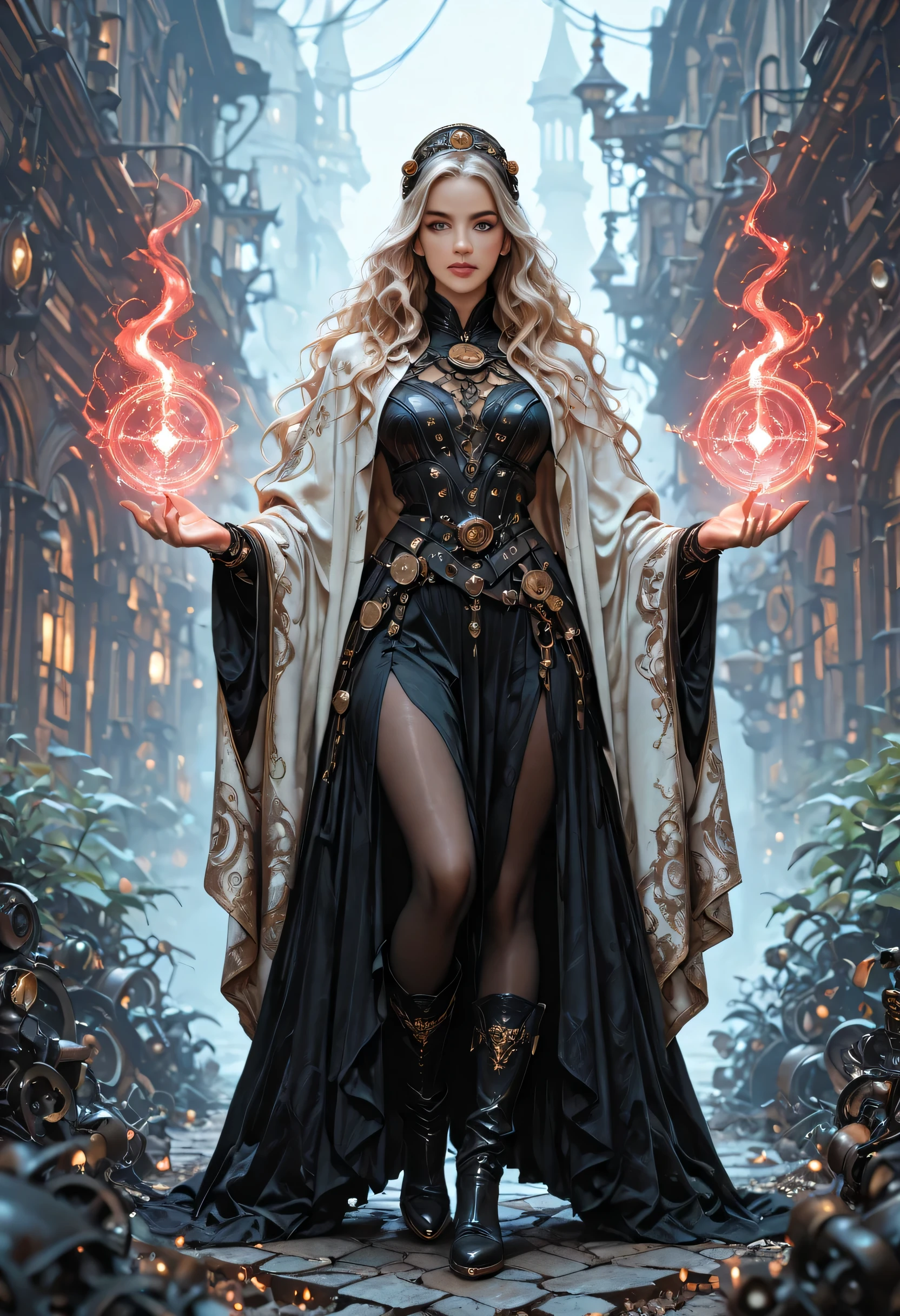 picture of a woman wizard, manipulating magical red magic, extremely beautiful woman (best Detailed, Masterpiece, Hyperrealistic) blond hair, rich hair, wavy hair, dynamic eyes color, wearing black and white leather dress, wearing white cloak, wearing pantyhose, wearing high heeled boots, make up,  fantasy art, steampunk art, RPG art, photograph, RAW,  Best Detailed, steampunk background, ultra best realistic, best details, best quality, 16k, [ultra detailed], masterpiece, best quality, (extremely detailed), ultra wide shot, photorealism, depth of field, hyper realistic painting, 