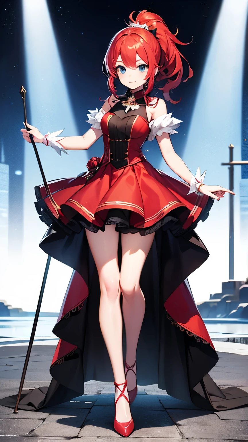 A girl with red cat ears, red hair, ponytail, she is wearing a red strapless dress that leaves her thighs and legs and feet exposed, full body, she has her arms half open, her wrists are handcuffed and chained by a metal chain that connects to a steel collar that is around her neck, in a high-class ballroom, there are men in suits in the background and an audience in the background, she is wearing red gloves that go from her hands to half of her arms, she is worried, anxious, barefoot, her hands are half open, open mouth, fear, standing