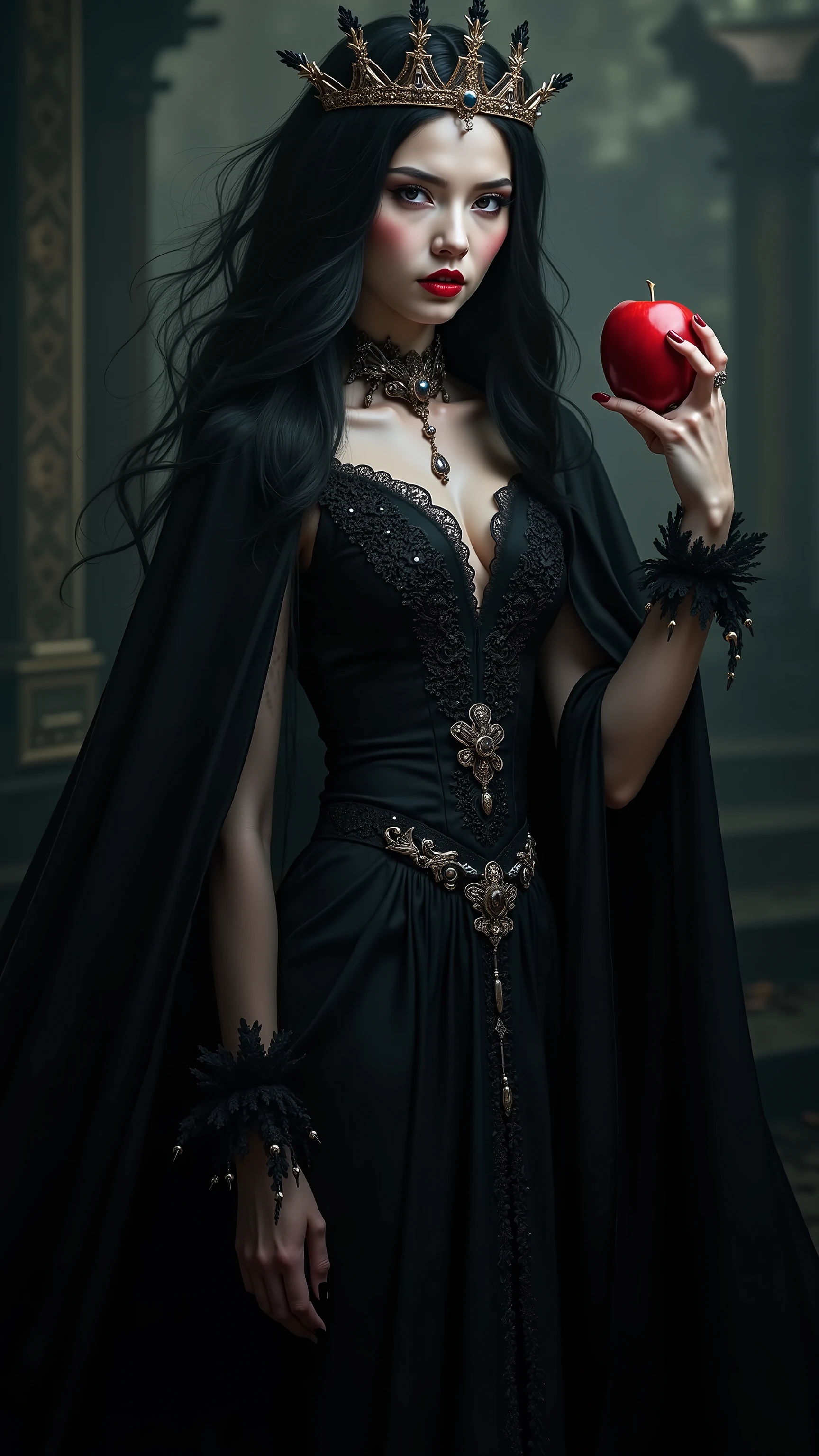 girl,Long Black Hair,Black Queen ,accessories,Apple in hand ,Poisoned Apple,Witch Queen,red lipstick、full body highdefinition picture。