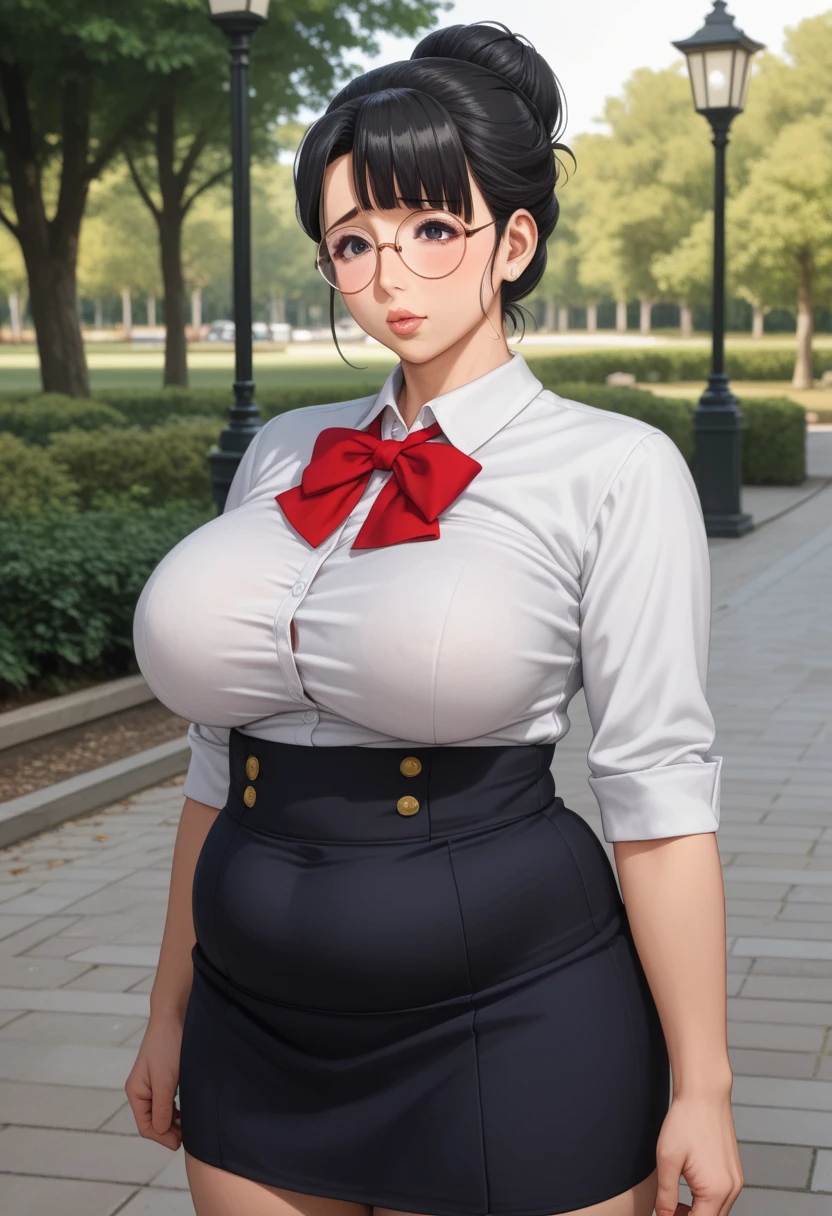 Brown hair short hair Glasses white blouse black tight skirt stockings lanyard id card 35 years old red rouge plump lips Eyes meet