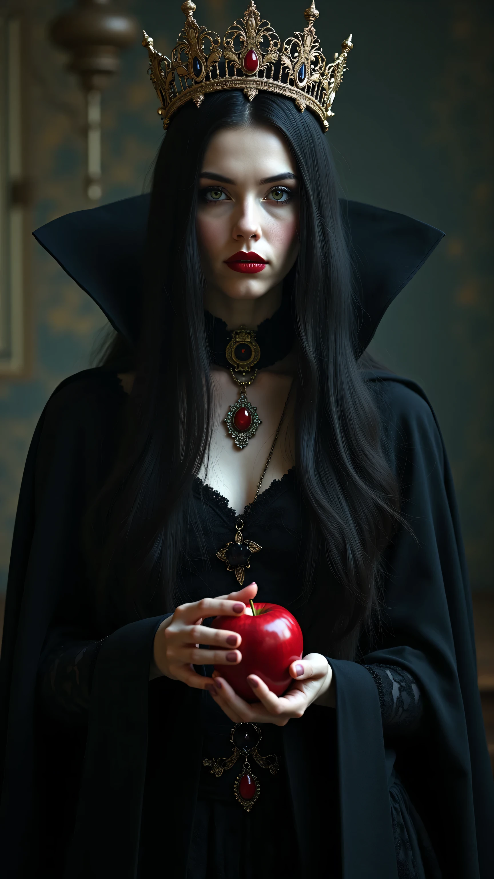 girl,Long Black Hair,Black Queen ,accessories,Apple in hand ,Poisoned Apple,Witch Queen,red lipstick、full body highdefinition picture。